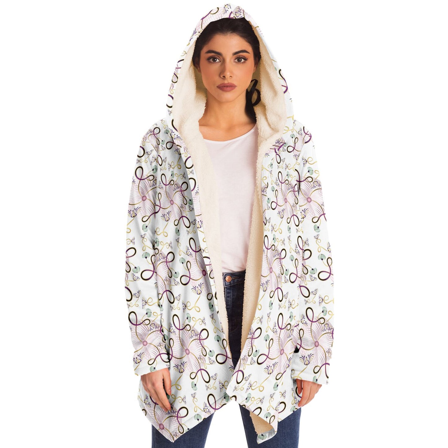 Microfleece Cloak - AOP Kukloso Whimsical No 25 Pink, Gold abstract shapes on White - Free Shipping