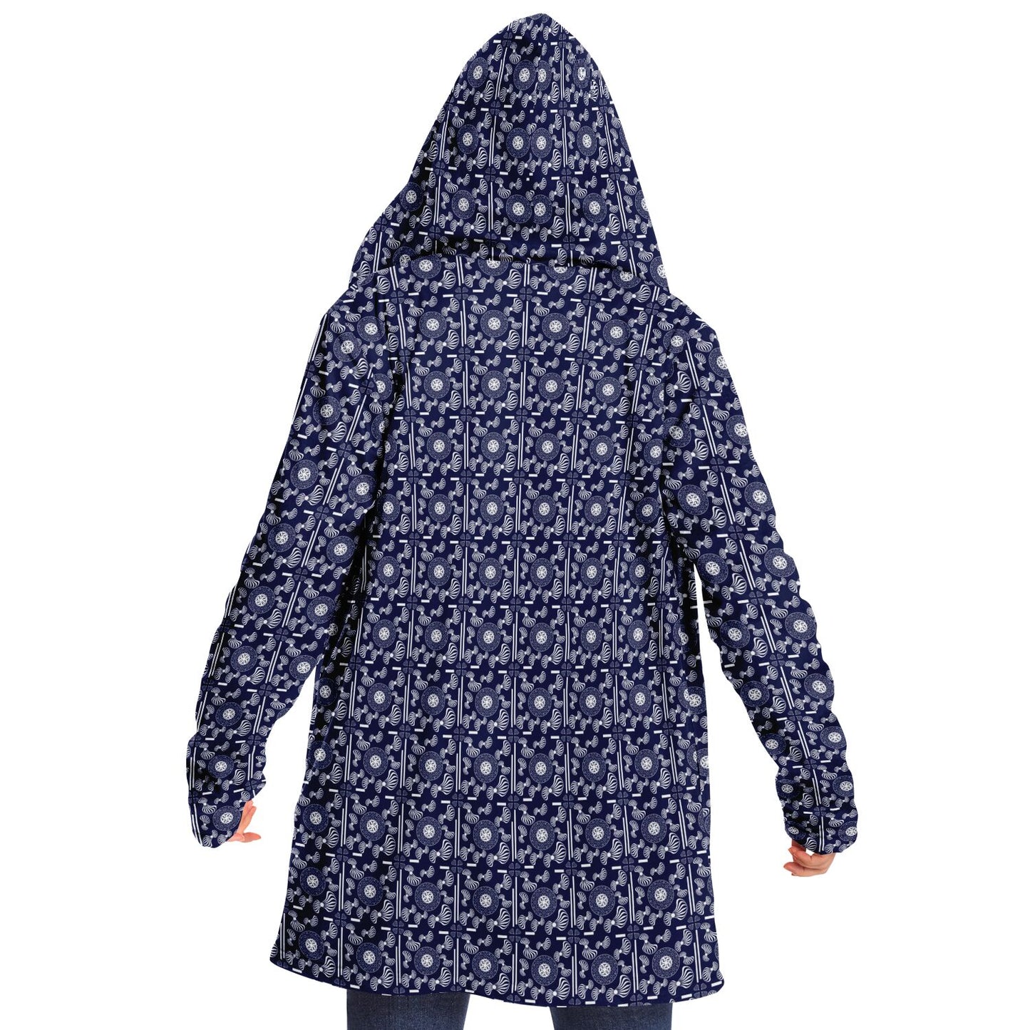Microfleece Cloak - AOP Kukloso Whimsical No 108 Intricate White Mandala pattern on Navy - Free Shipping