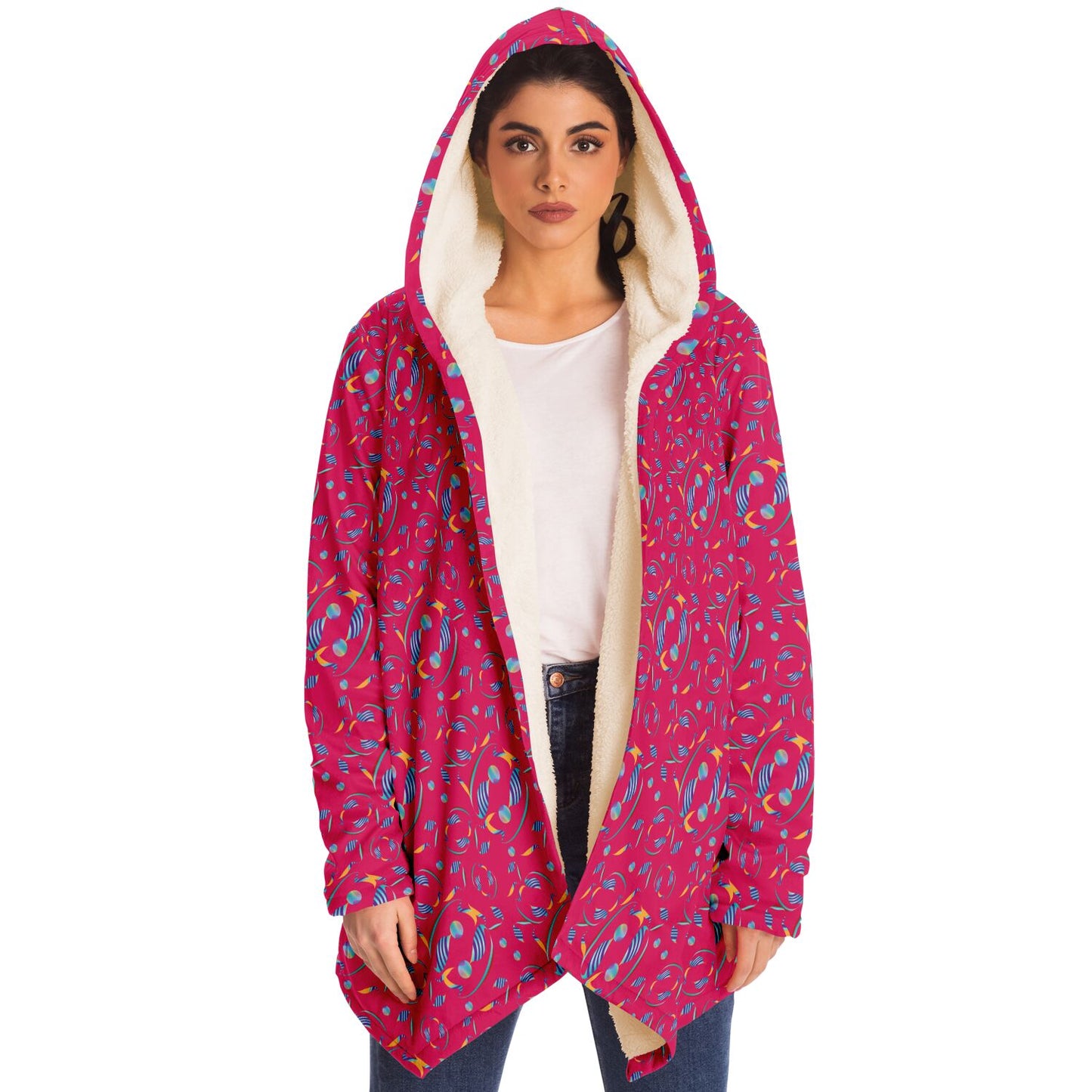 Microfleece Cloak - AOP Kukloso Whimsical No 8 Abstract Aqua,Navy & Yellow shapes on Magenta bkgd. - Free Shipping