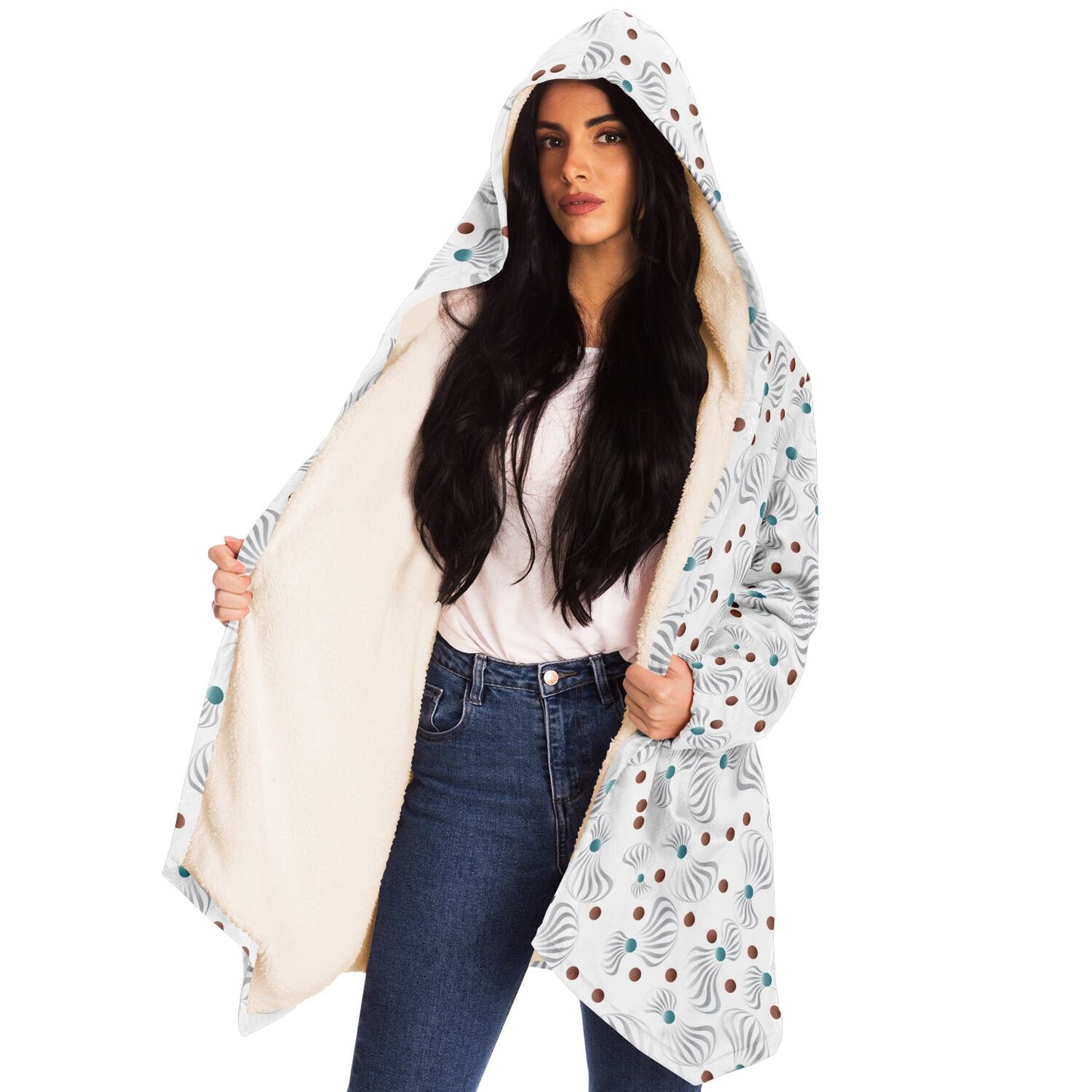 Microfleece Cloak - AOP Kukloso Whimsical No 85 Silver Spiral shapes on White - Free Shipping