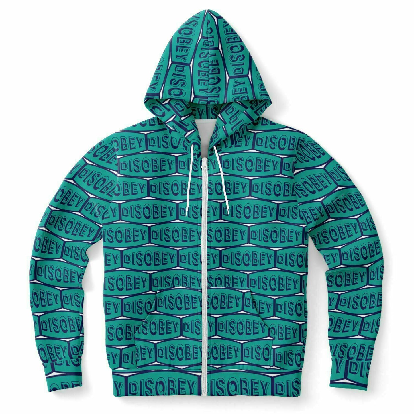Fashion Zip-Up Hoodie - AOP Kukloso Disobey Logo Navy & Turquoise - Free Shipping