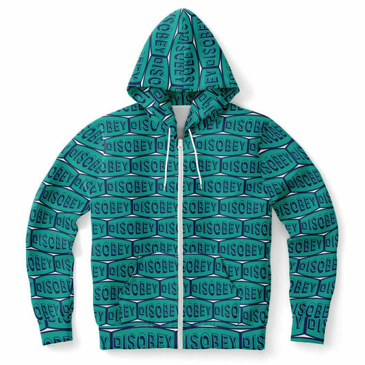Fashion Zip-Up Hoodie - AOP  Kukloso Disobey Logo Navy & Turquoise - Free Shipping