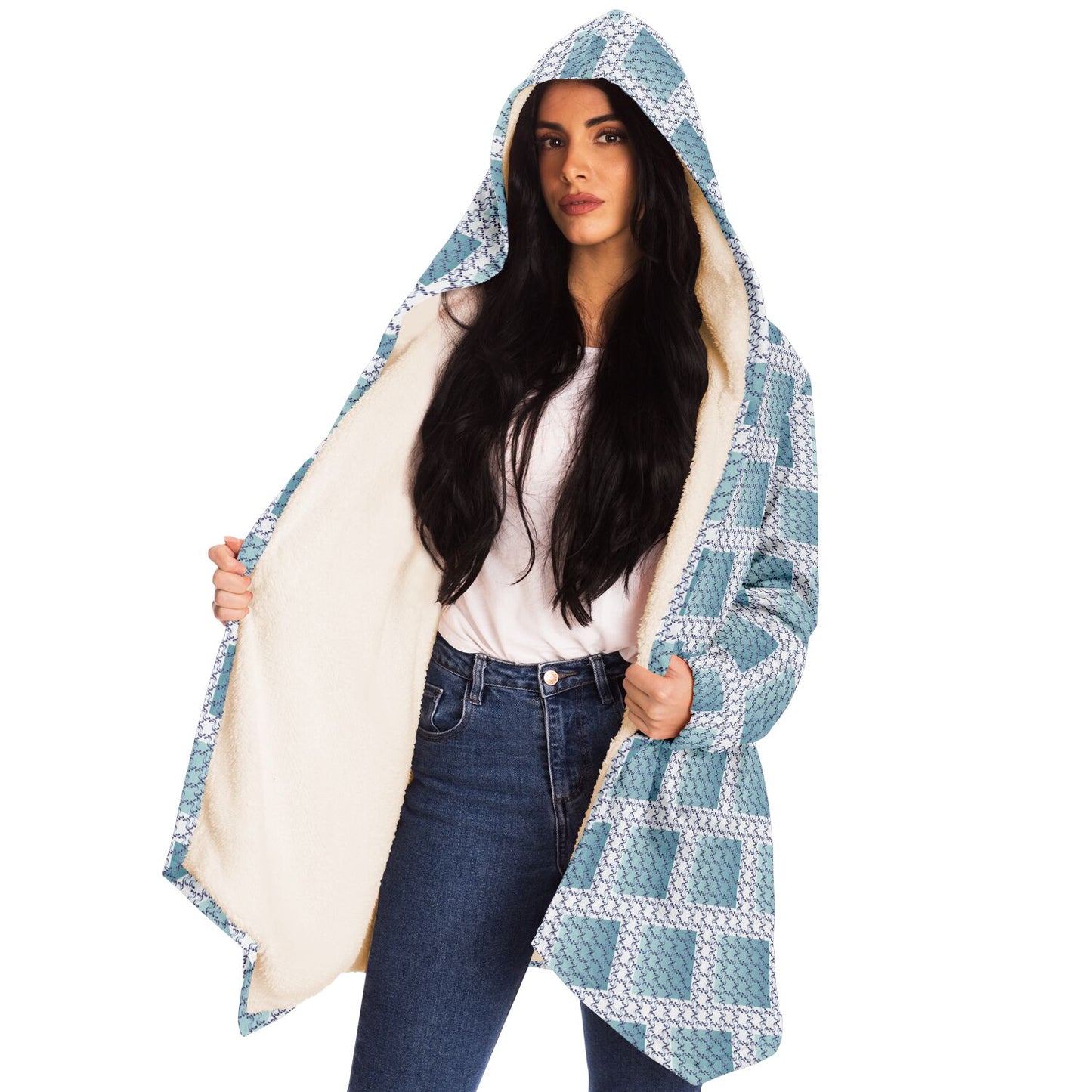 Microfleece Cloak - AOP Kukloso Whimsical No 39 Abstract Aqua shapes on White - Free Shipping
