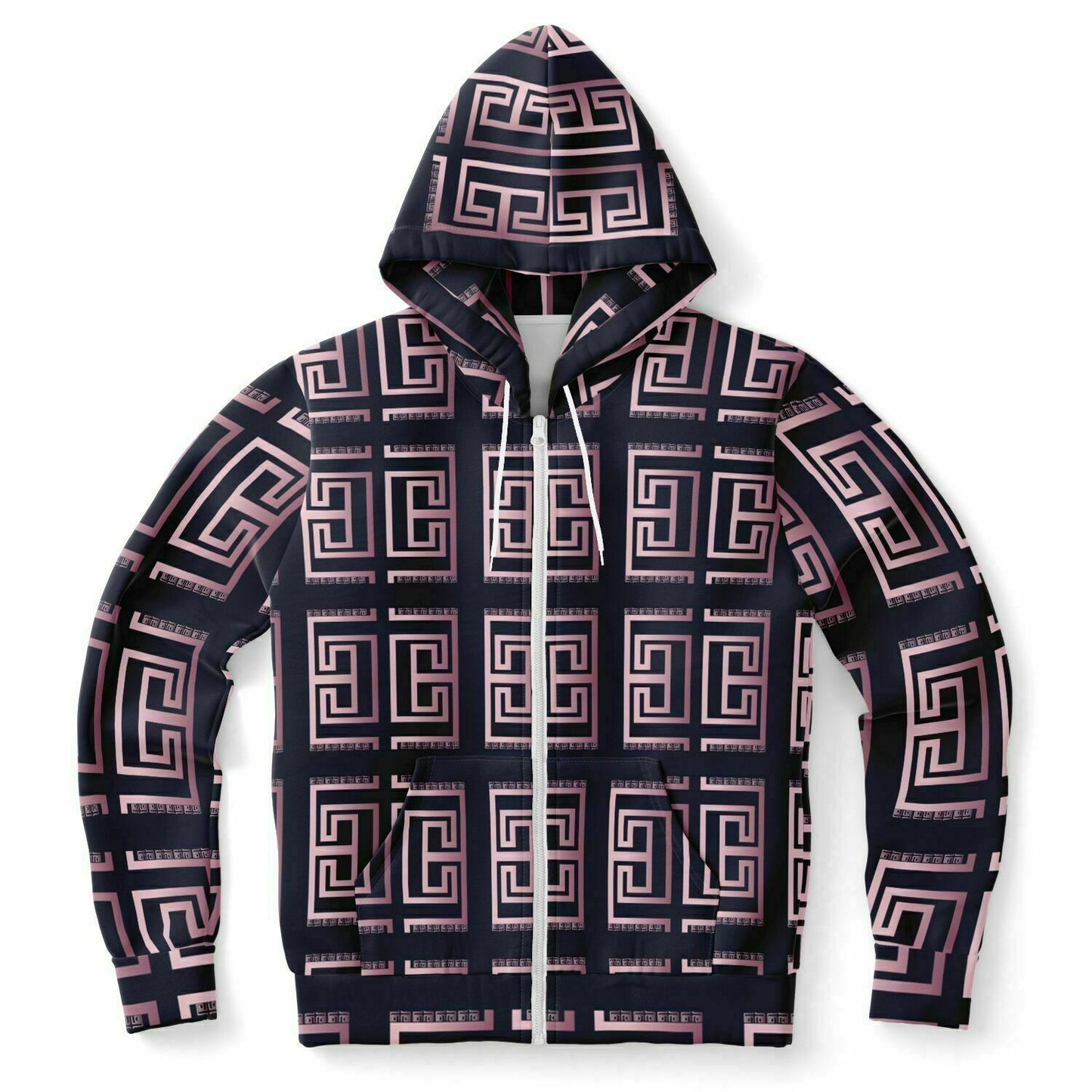 Fashion Zip-Up Hoodie - AOP Kukloso Greek Border No 33 Pink on Navy - Free Shipping