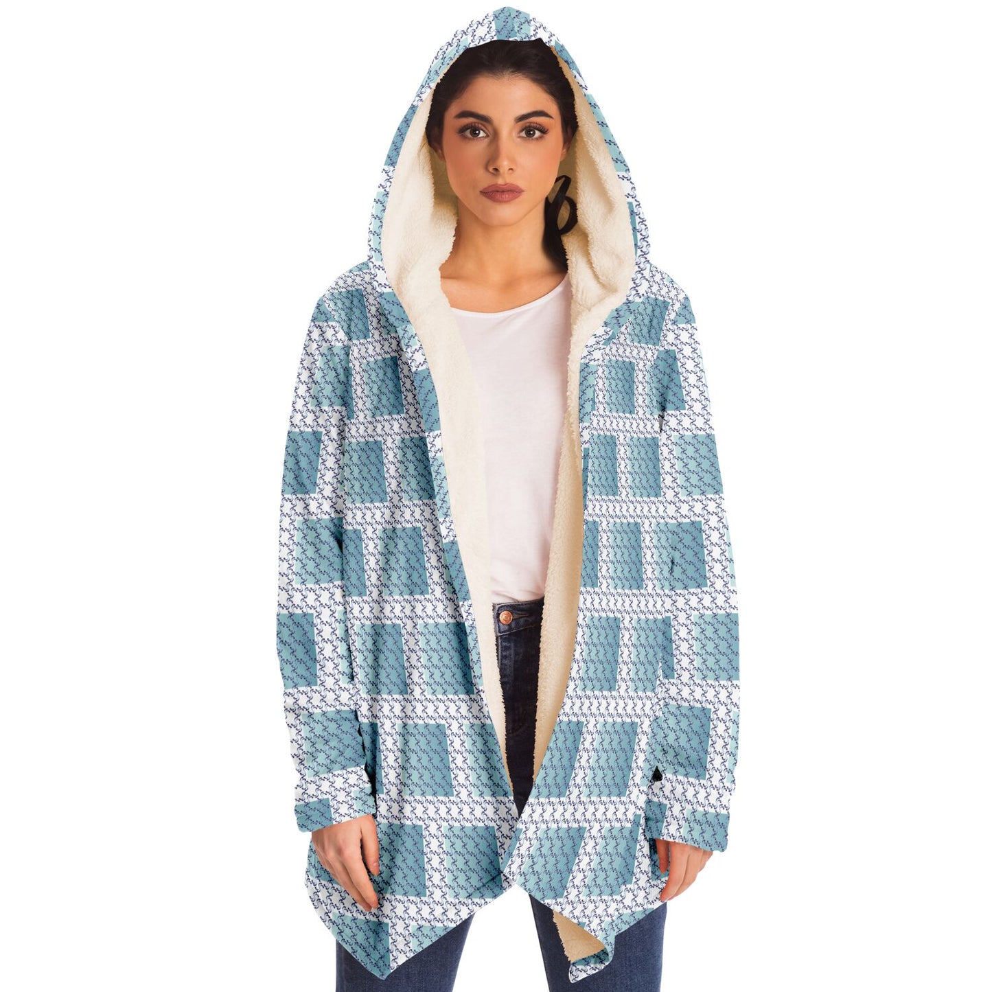 Microfleece Cloak - AOP Kukloso Whimsical No 39 Abstract Aqua shapes on White - Free Shipping