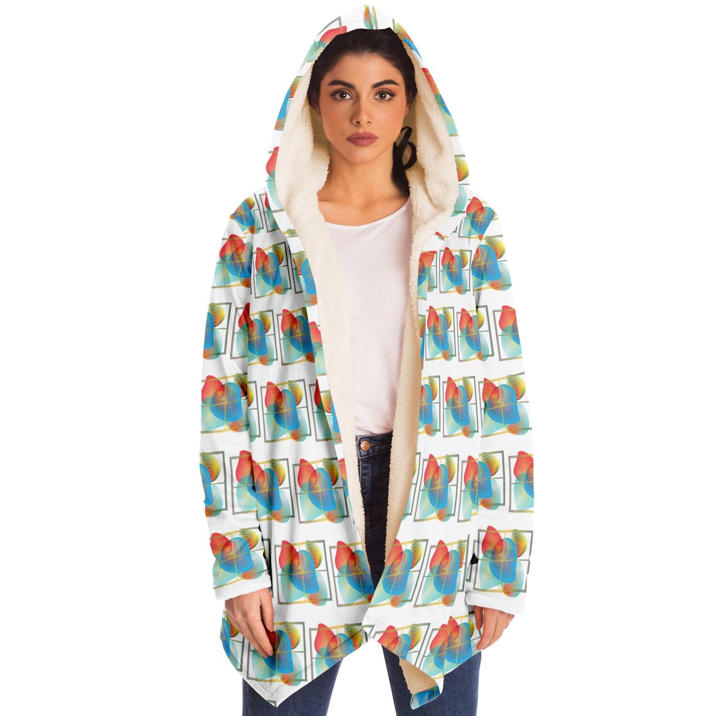 Microfleece Cloak - AOP Kukloso Whimsical No 50 Abstract shapes Aqua, Green, Orange on White - Free Shipping