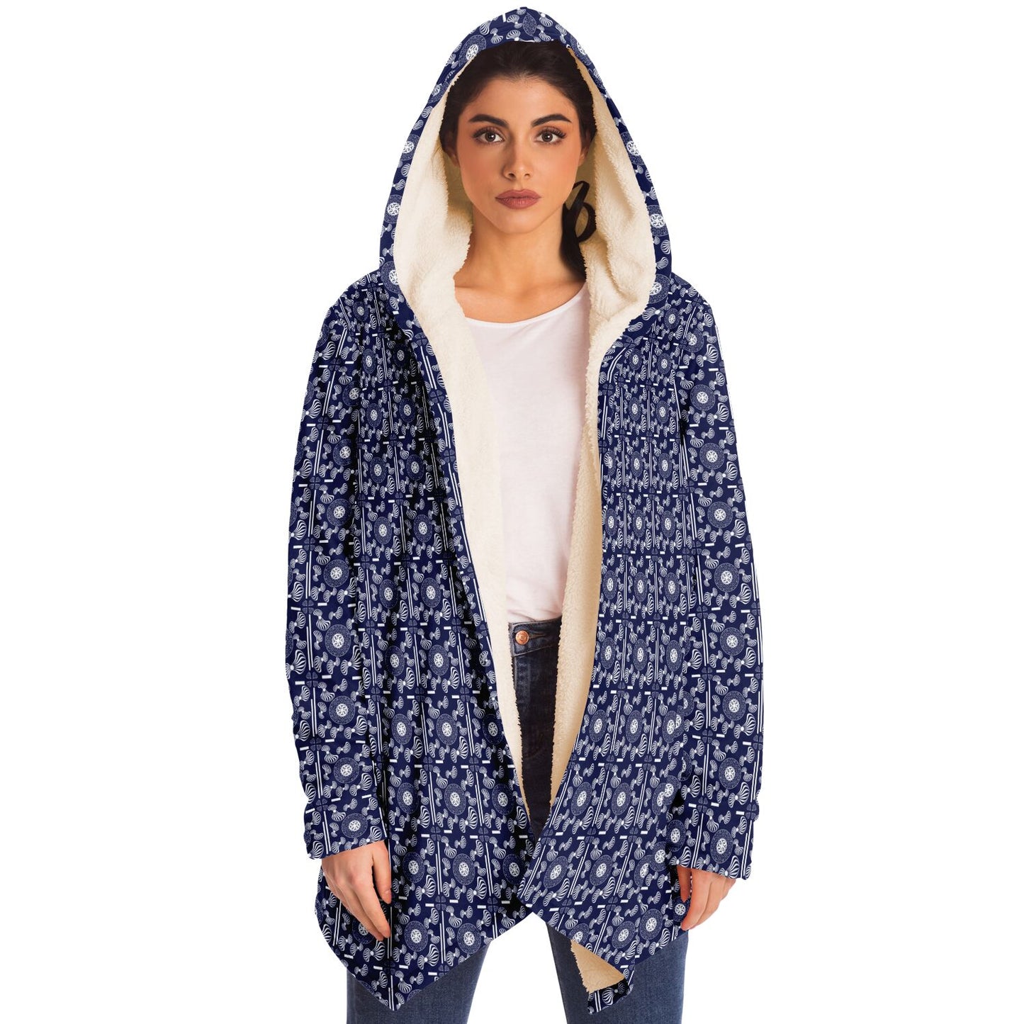 Microfleece Cloak - AOP Kukloso Whimsical No 108 Intricate White Mandala pattern on Navy - Free Shipping