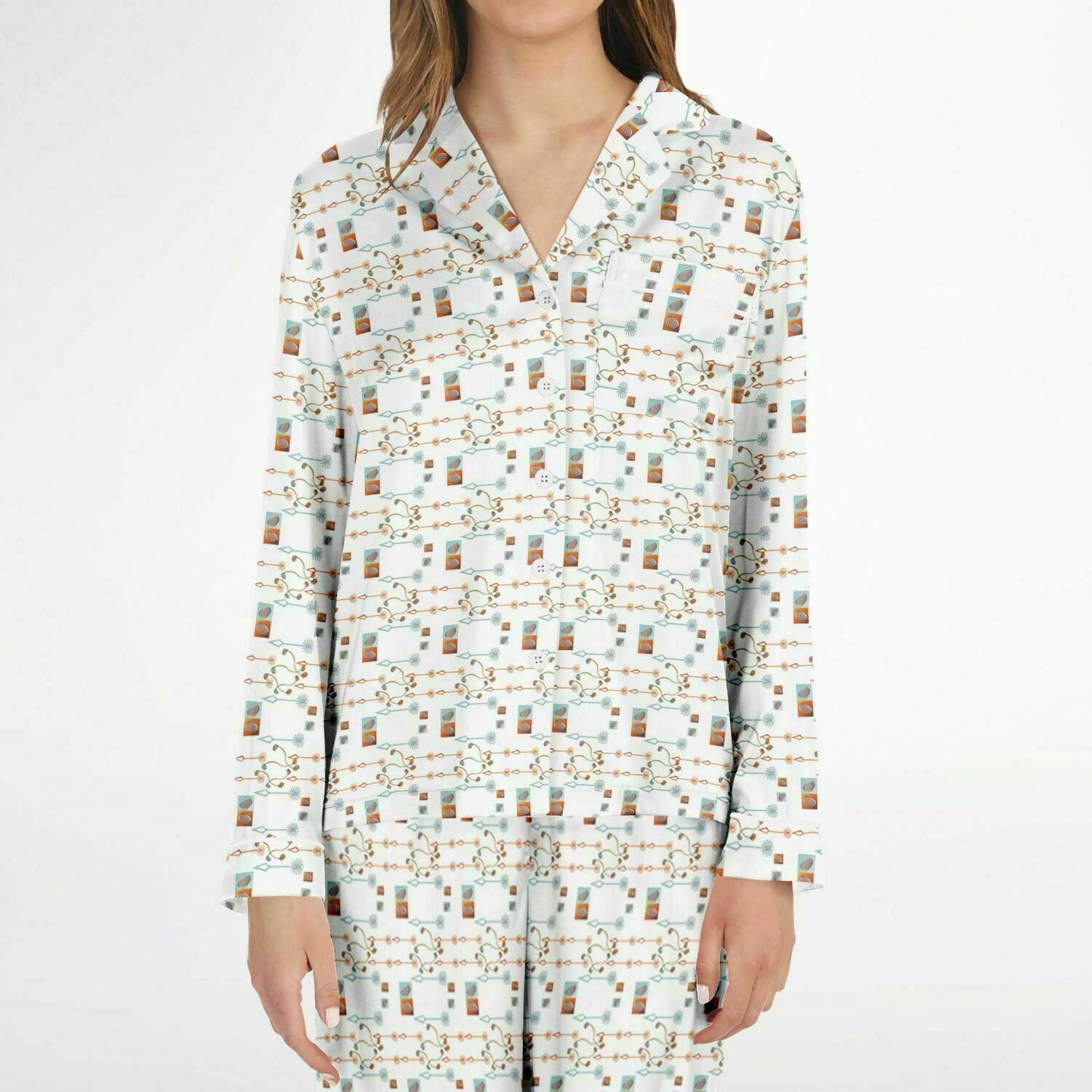 Women's Satin Pajamas - AOP Kukloso Melange de fleur No 21 Multicolored abstract shapes - Gold, Aqua & Navy on White - Free Shipping