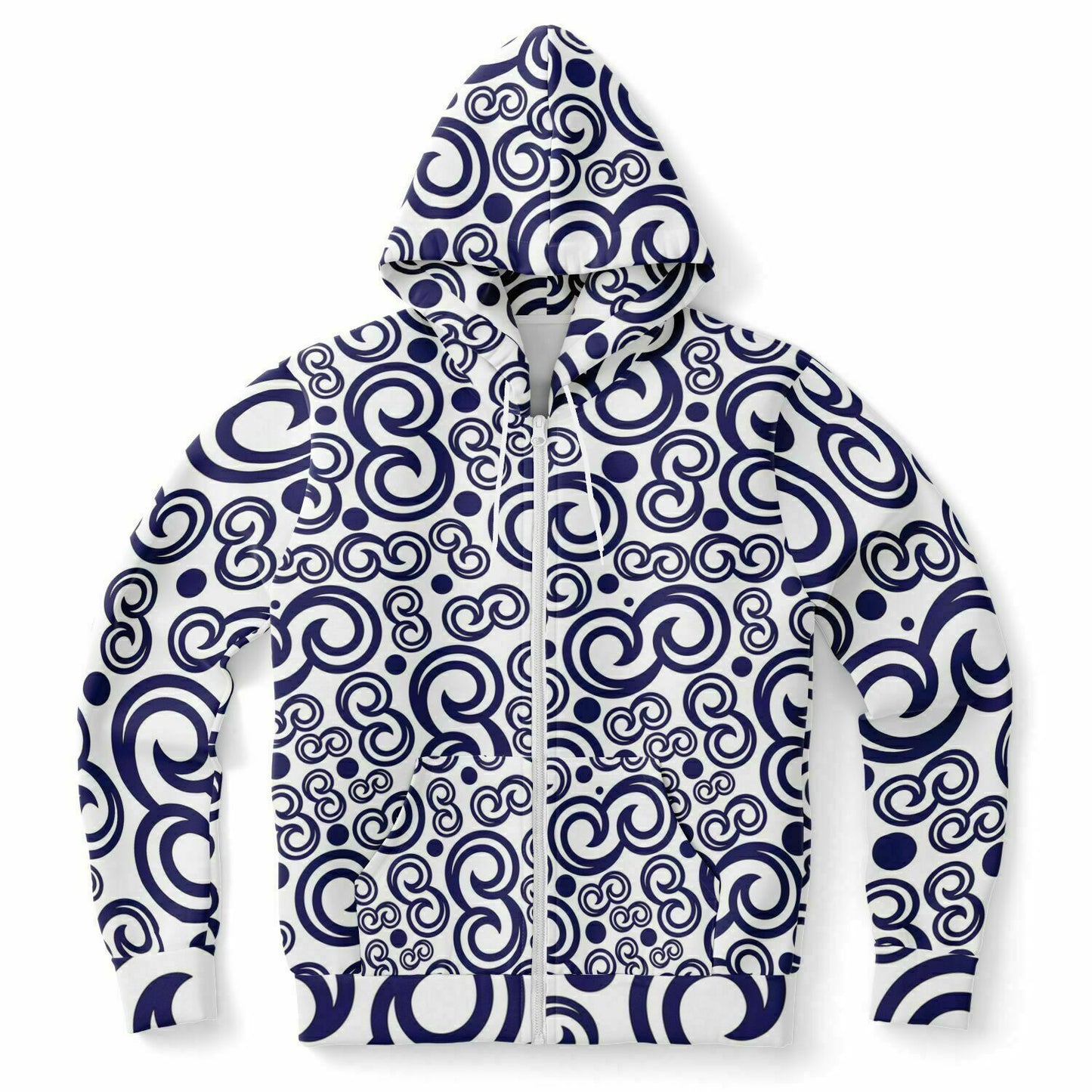 Fashion Zip-Up Hoodie - AOP Kukloso Fleurons No 7 Navy on White - Free Shipping