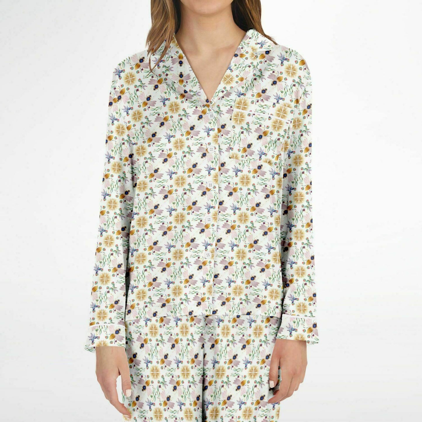 Women's Satin Pajamas - AOP Kukloso Queen Bee No 27 Multicolored bees & abstract floral shapes on White - Free Shipping