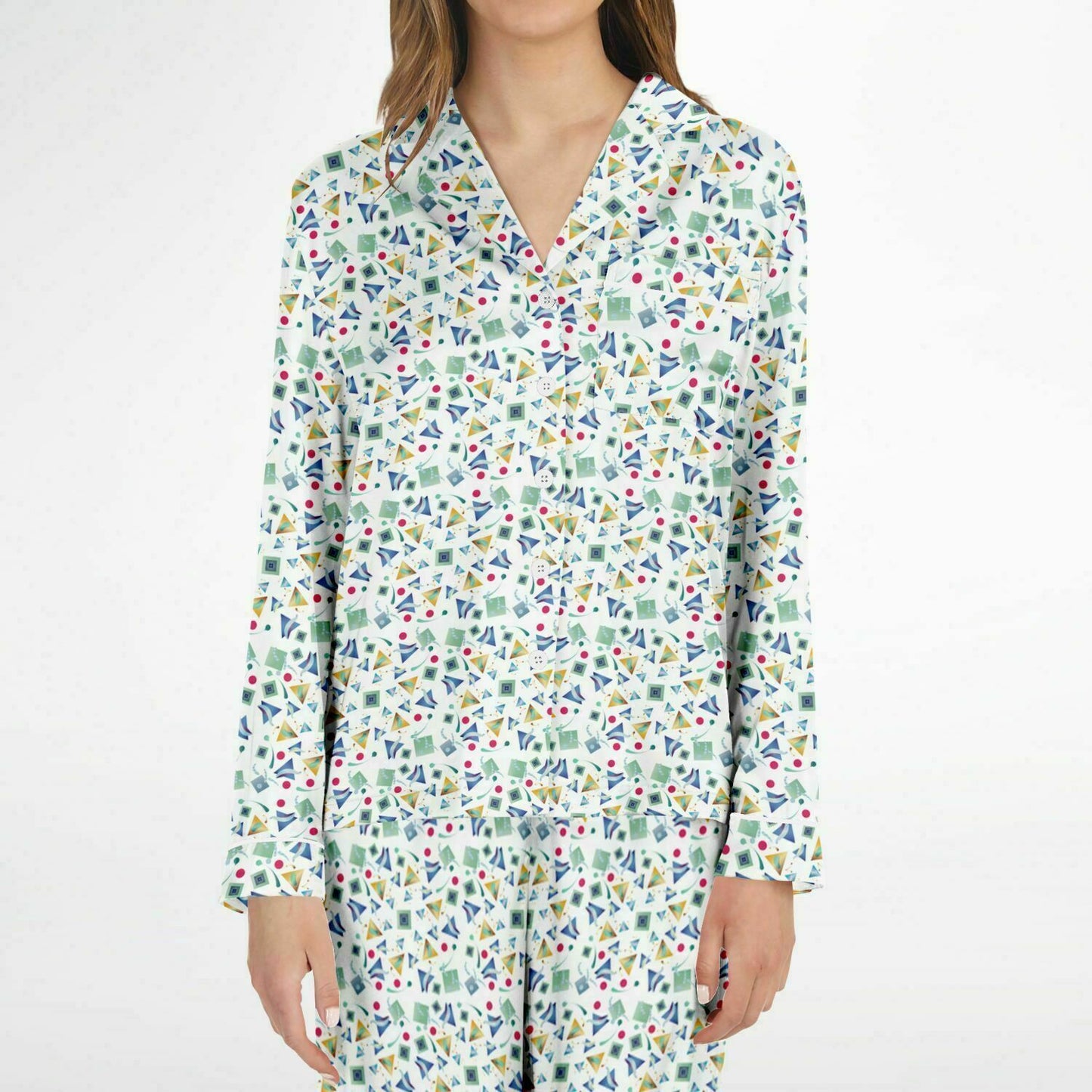Women's Satin Pajamas - AOP Kukloso Whimsical No 11 Multi-Geometrical shapes & colors on White - Free Shipping