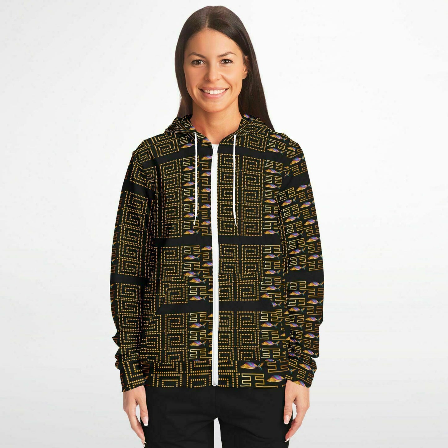 Fashion Zip-Up Hoodie - AOP Kukloso Greek Border No 3 Golden Fish - Free Shipping