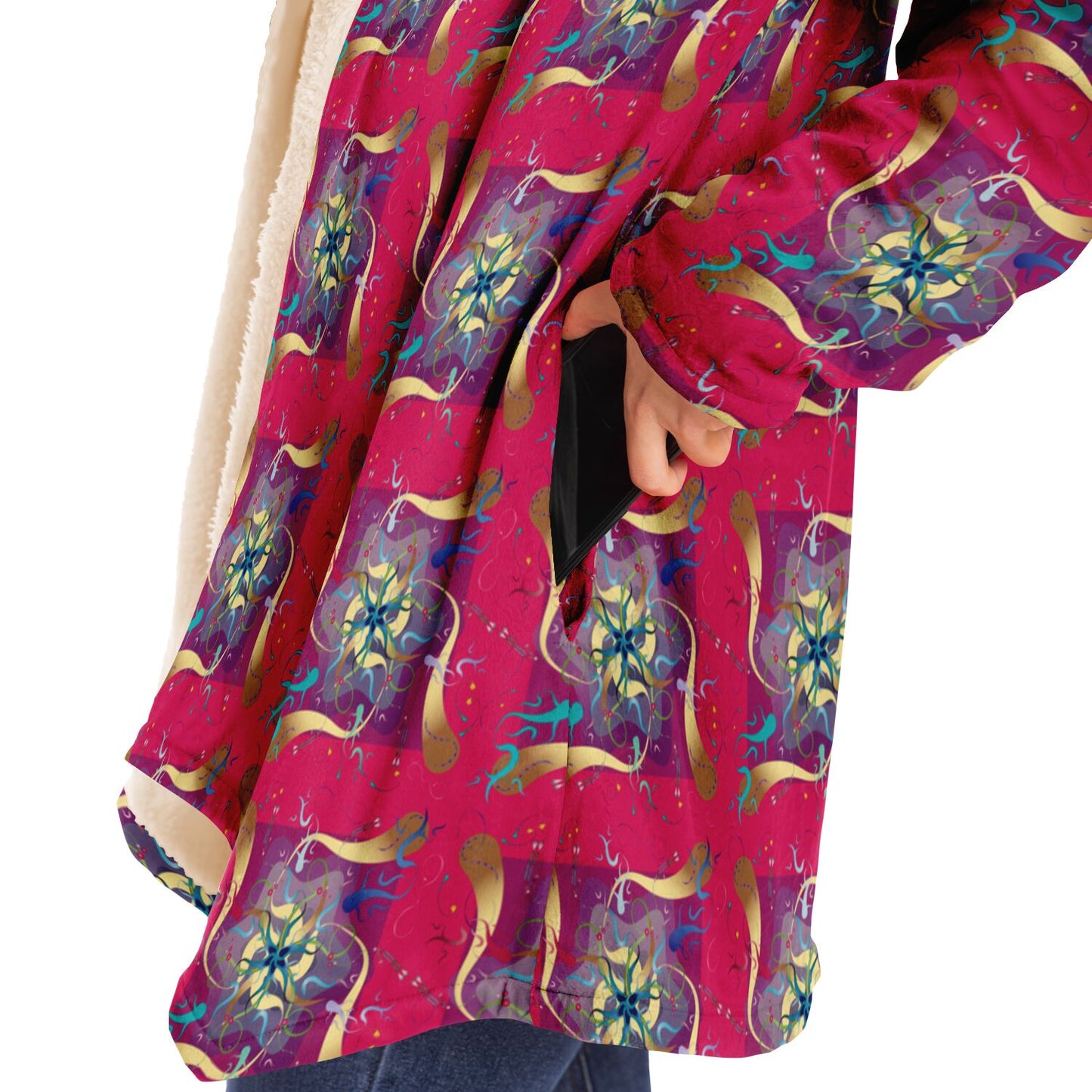 Microfleece Cloak - AOP Kukloso Whimsical No 27 Aqua, Gold Mandala on Magenta - Free Shipping