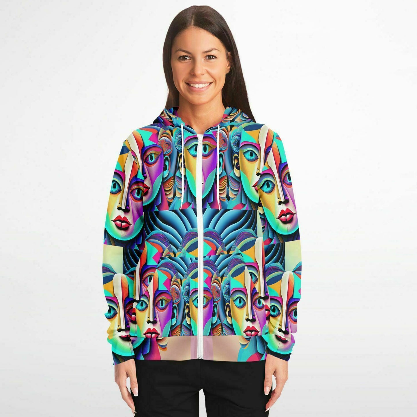 Fashion Zip-Up Hoodie - AOP Kukloso Cubist Faces No 39 - Free Shipping