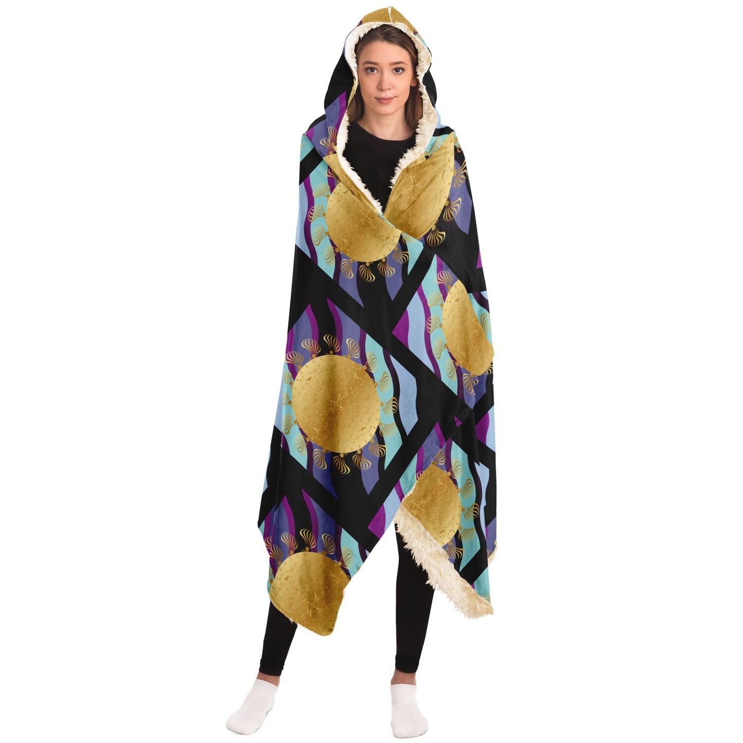 Hooded Blanket - AOP Mandala No 93 Gold, Aqua on Purple Stripes