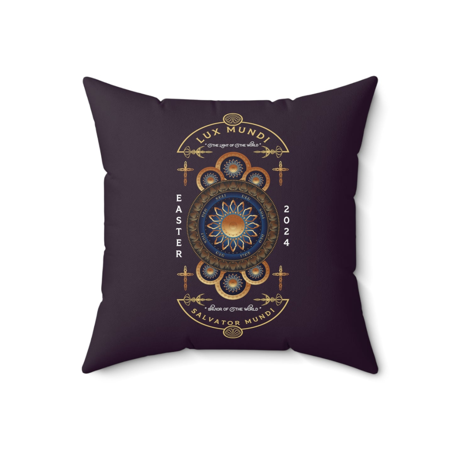 Spun Polyester Square Pillow Kukloso 'Lux Mundi, Salvator Mundi' - Easter 2024 - Dominus Patri w/ Bible Verses, Dark Purple - Free Shipping