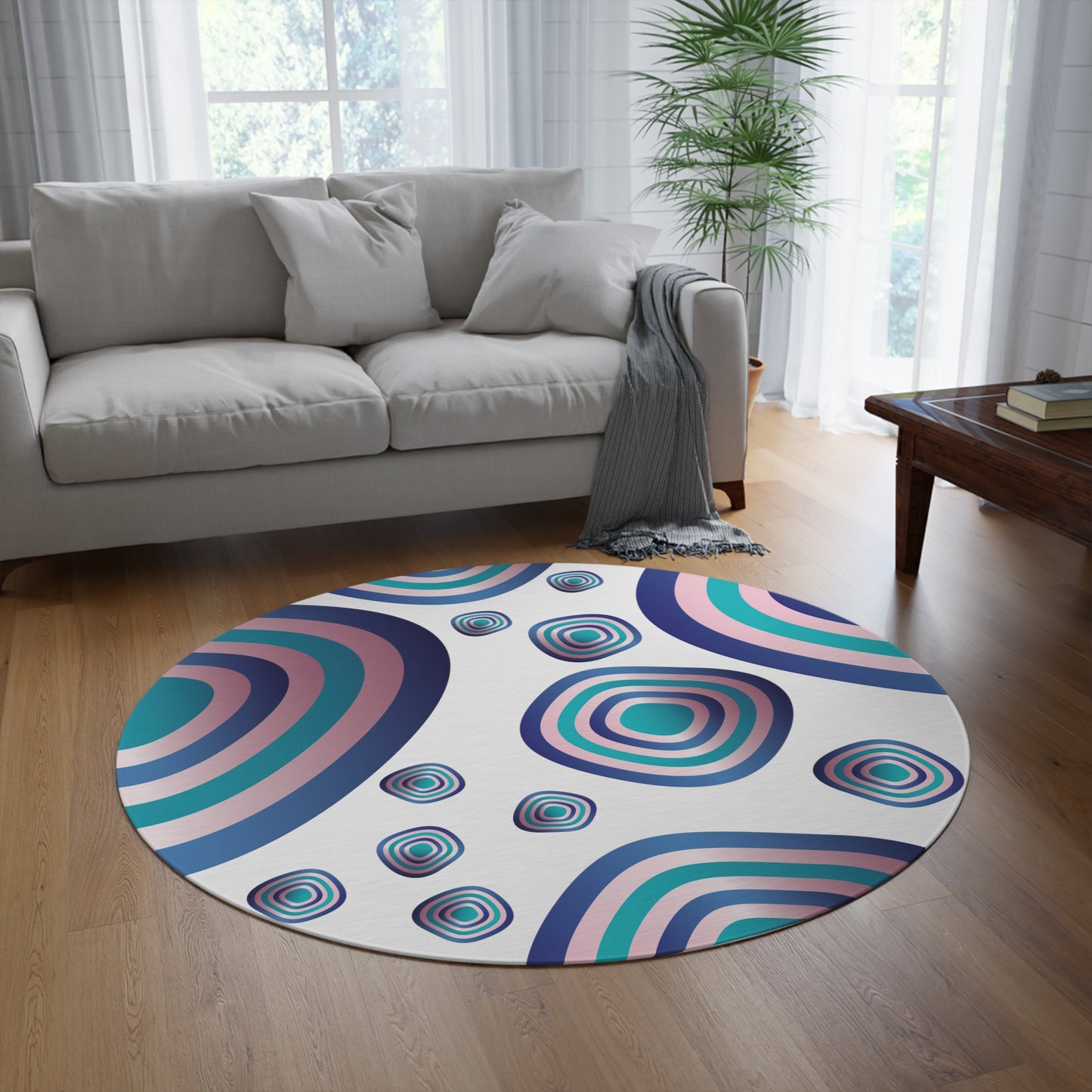 Round Rug Kukloso Abstractical No 96 Circles & Rings Aqua,Navy & Pink Free Shipping