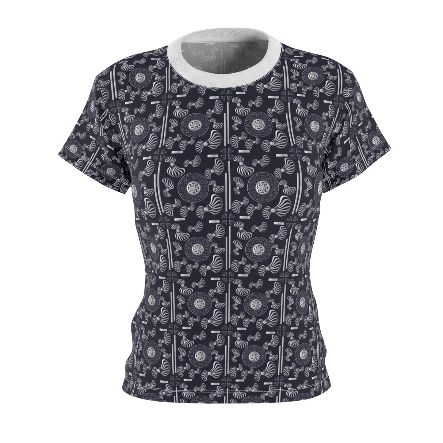 Women's Cut & Sew Tee (AOP) Kukloso Whimsical No 106 Small Silver Mandalas on Navy - Free Shipping