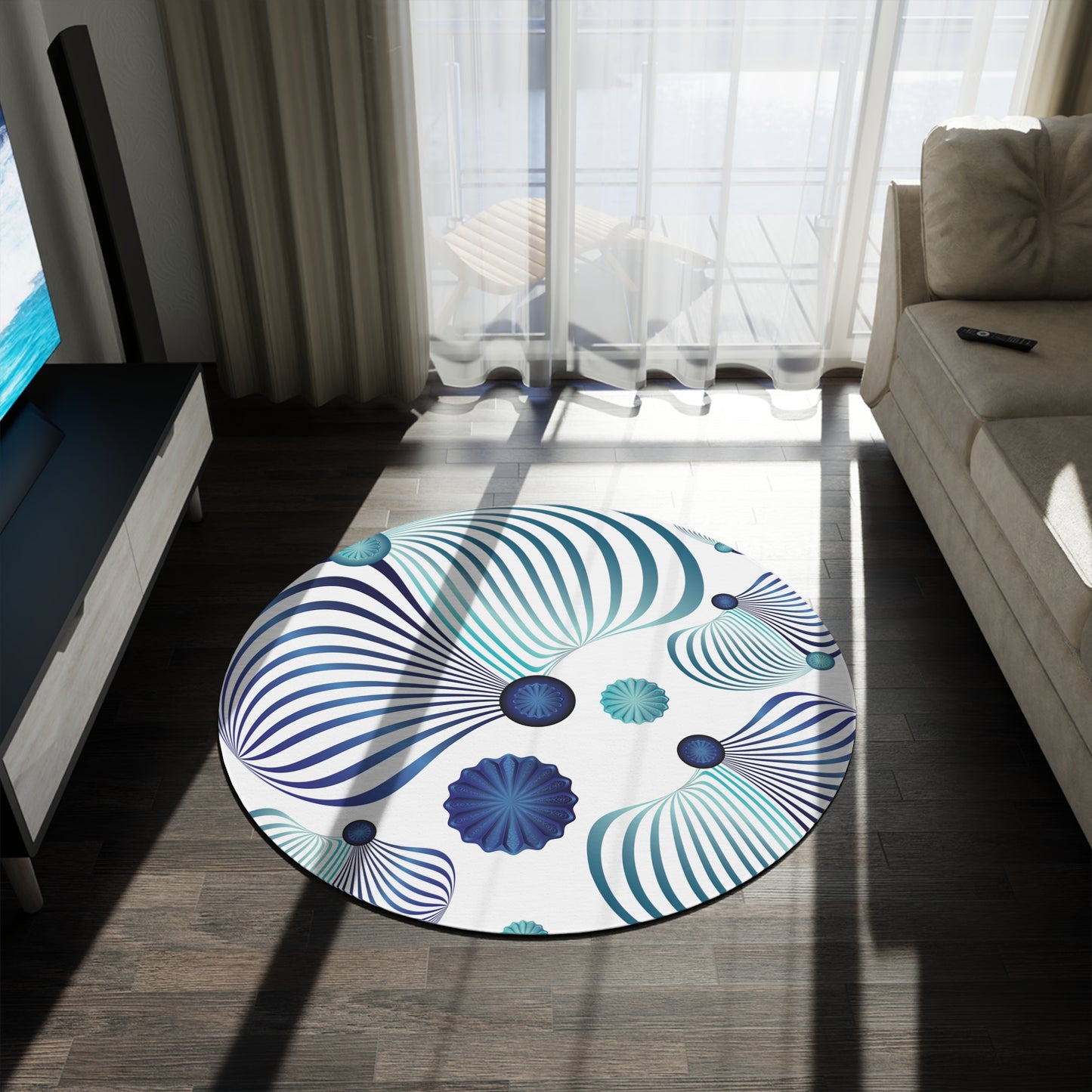 Round Rug Kukloso MD No 39 Abstract Shapes Aqua & Navy Free Shipping