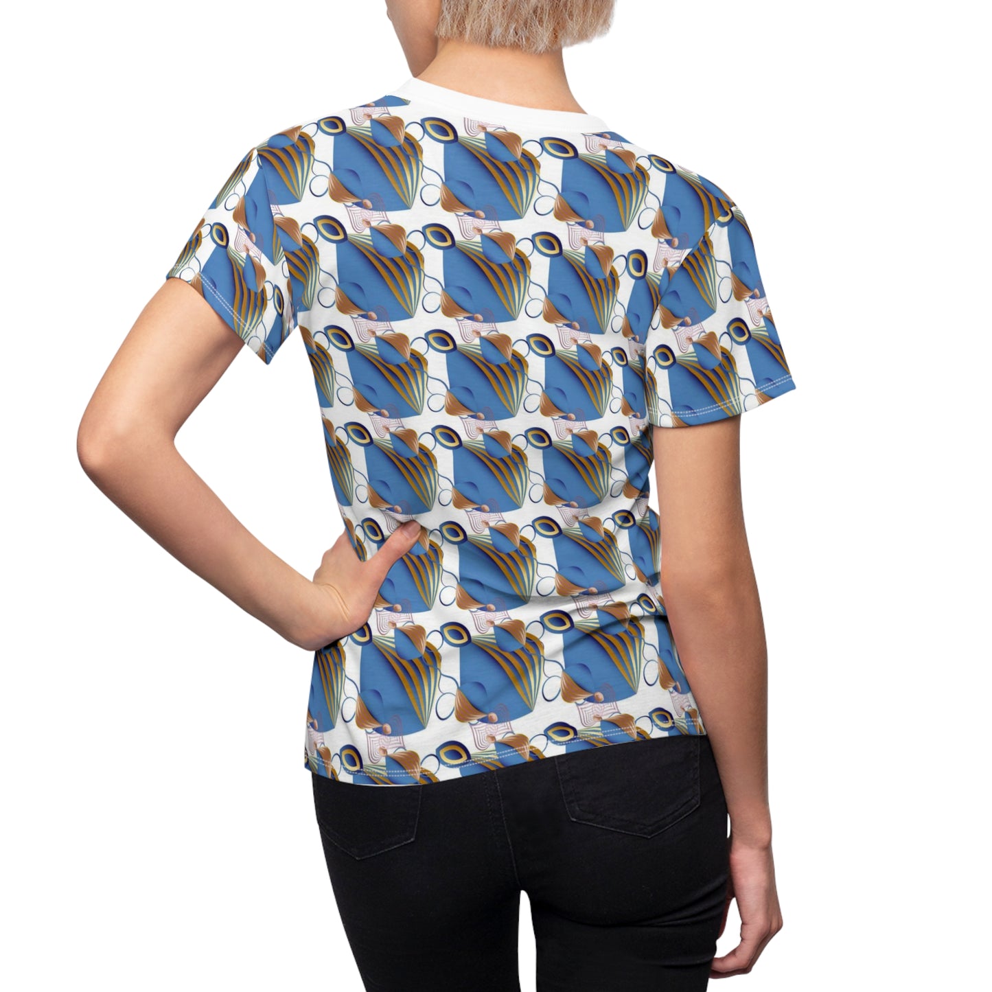 Women's Cut & Sew Tee (AOP) Kukloso Fleurons No 48 No 9 Pink, Blue, Gold on White - Free Shipping