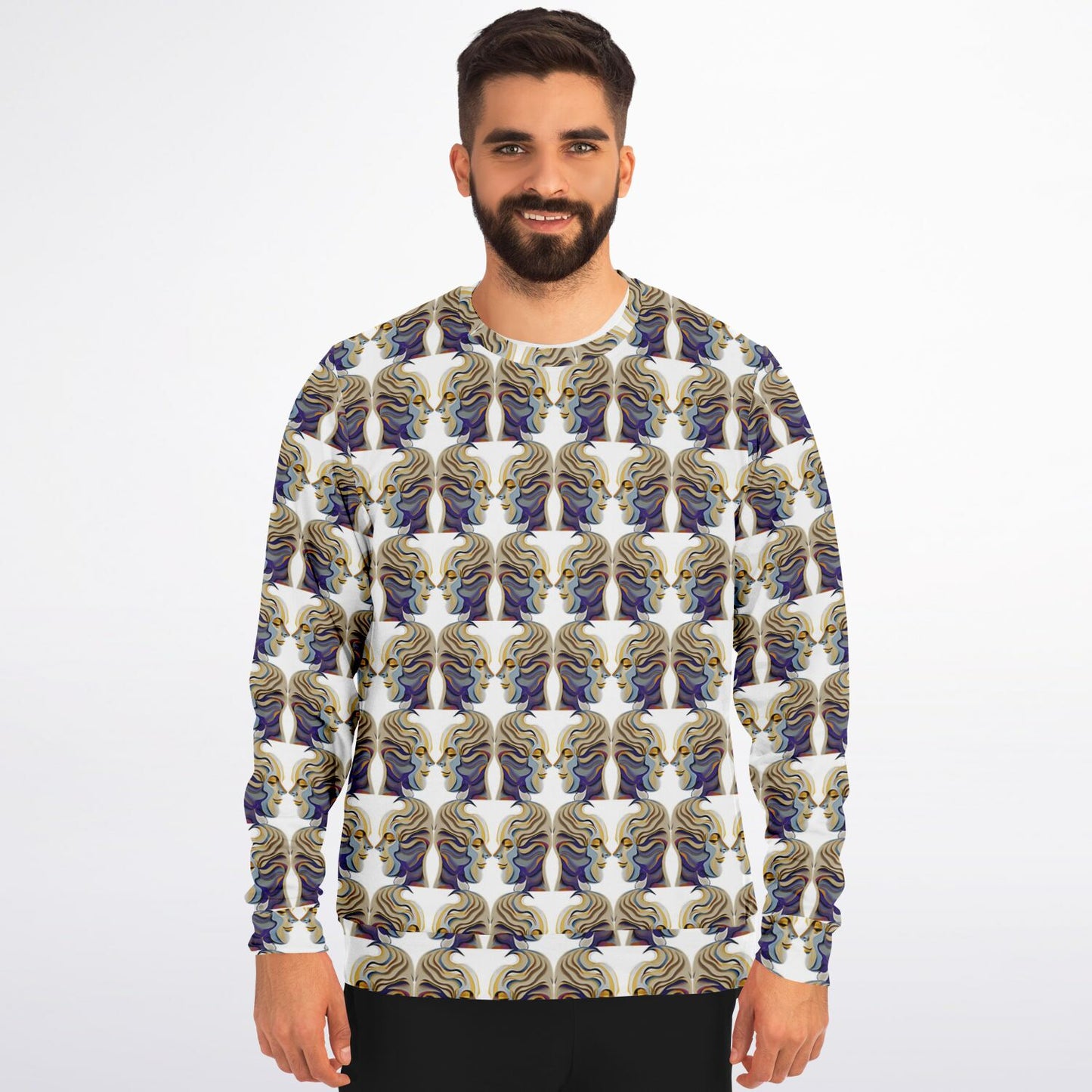 Athletic Sweatshirt - AOP Kukloso Cubist Faces No 1 Large pattern on White - Free Shipping