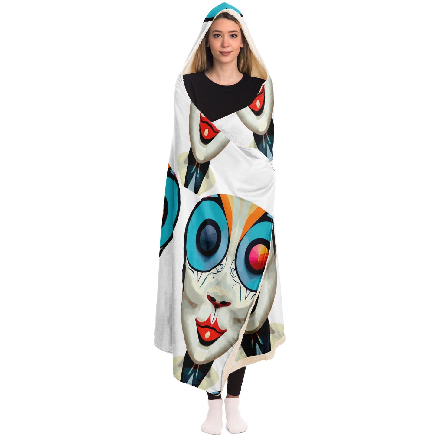 Hooded Blanket - AOP Kukloso Cubist Faces No 12 White Bkgd - Free Shipping