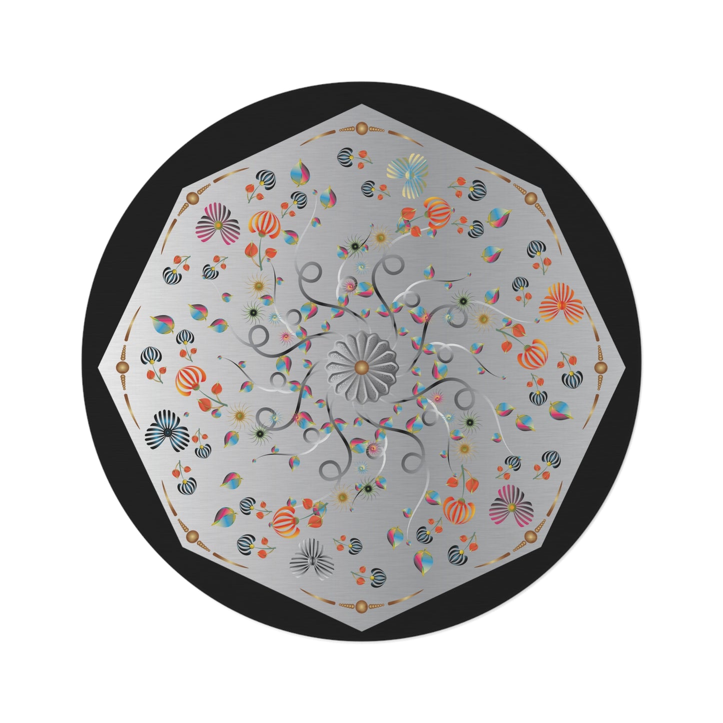 Round Rug Kukloso MD No 140 Abstract Floral Shapes Silver Mandala on Black Free Shipping
