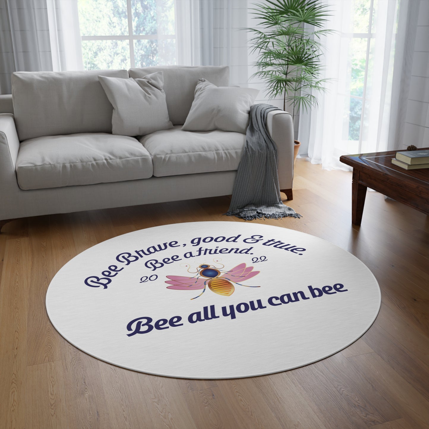 Round Rug Kukloso Bee All You Can Bee - Honeybee on White Free Shipping