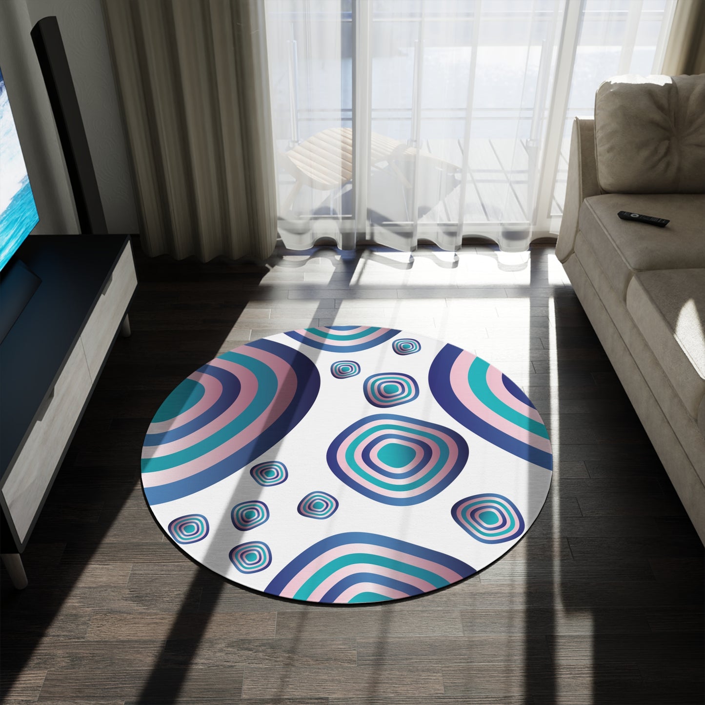 Round Rug Kukloso Abstractical No 96 Circles & Rings Aqua,Navy & Pink Free Shipping