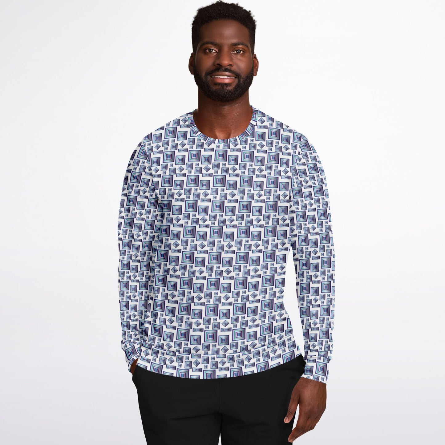 Athletic Sweatshirt - AOP Kukloso Abstractical No 95 Navy, Aqua, Pink Square shapes on White - Free Shipping