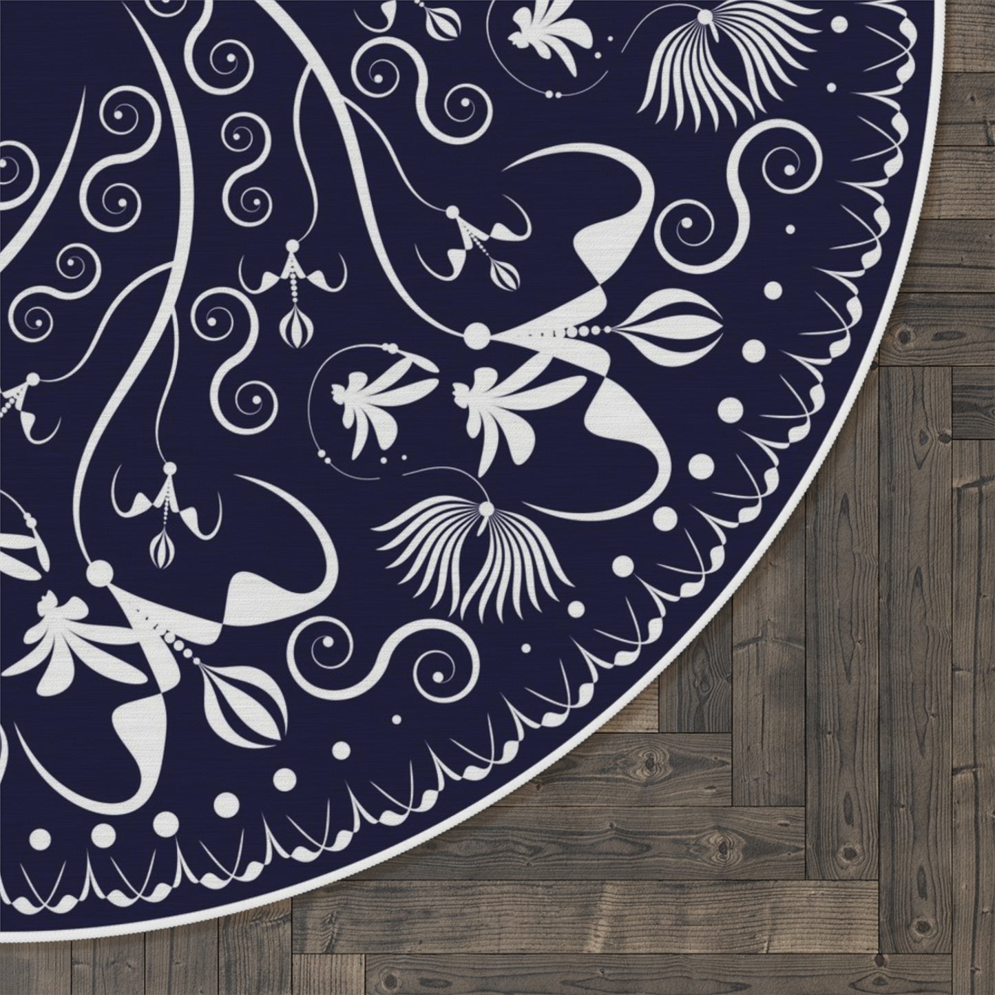 Round Rug Kukloso Mandala No 155 No 4 White Floral Pattern on Navy Free Shipping