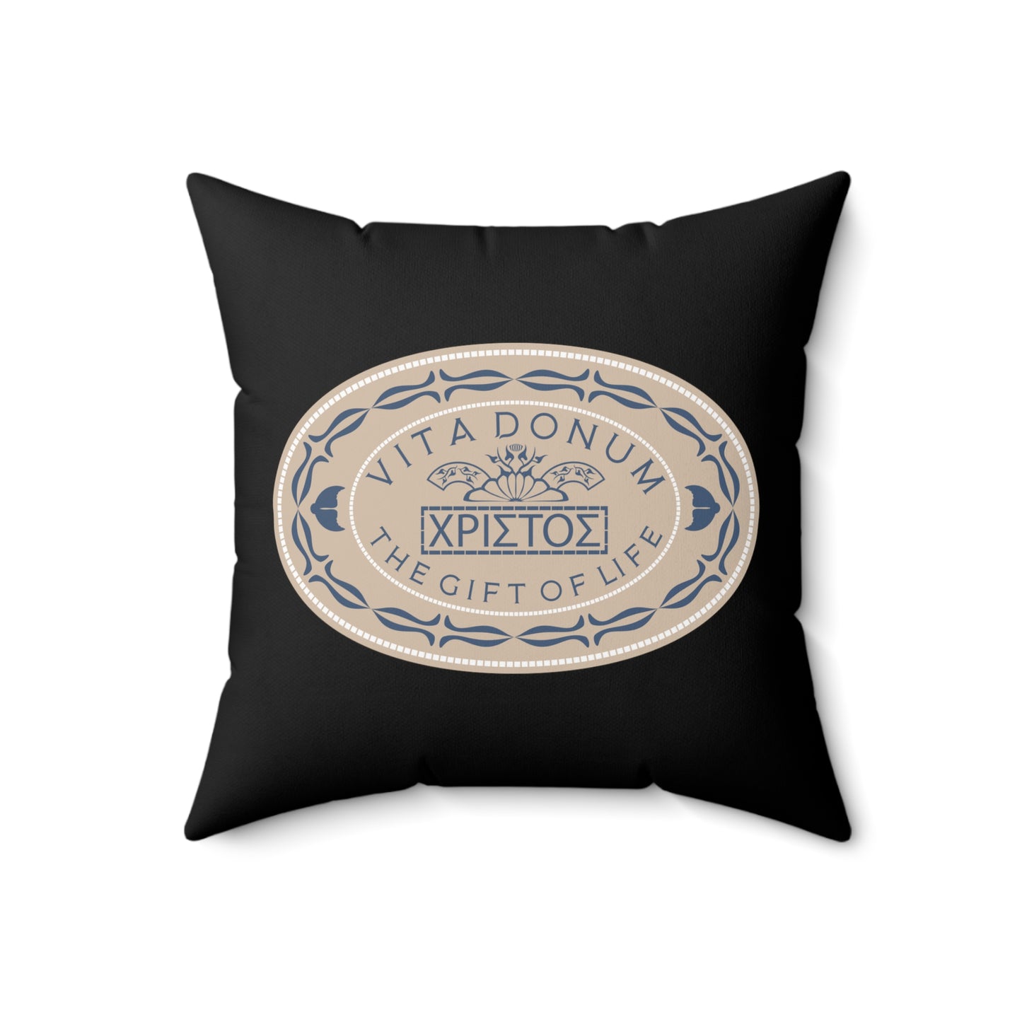 Spun Polyester Square Pillow K Vita Donum/Revelation 22:13, on Black - Free Shipping