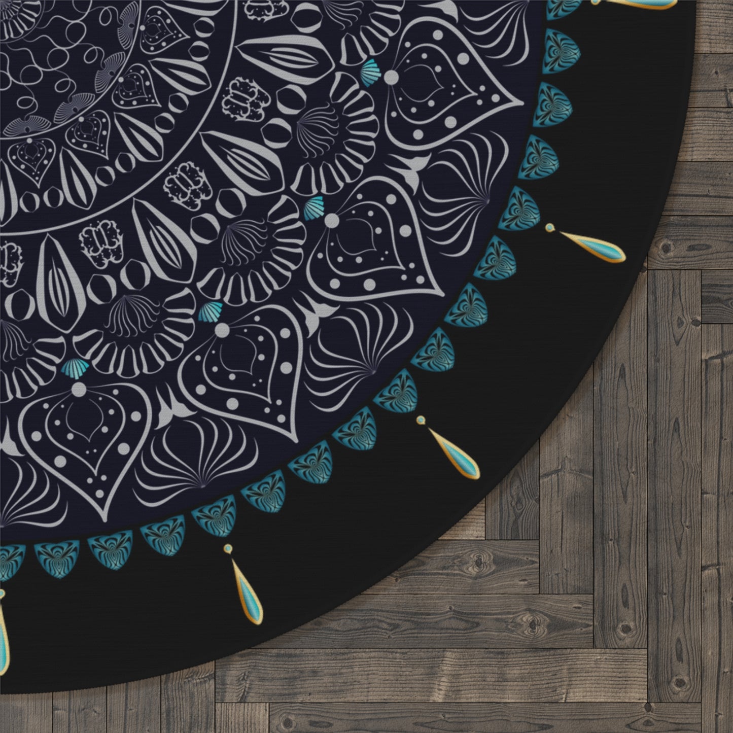 Round Rug Kukloso No 4334 Mandala Silver Aqua on Black Free Shipping