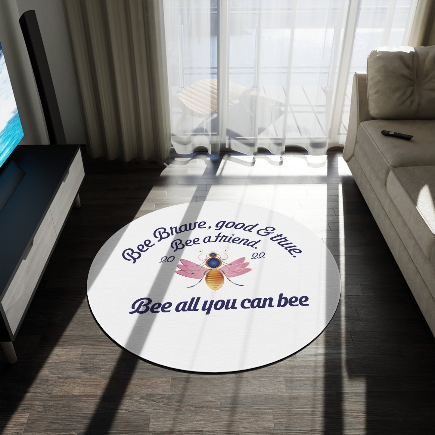 Round Rug Kukloso Bee All You Can Bee - Honeybee on White Free Shipping