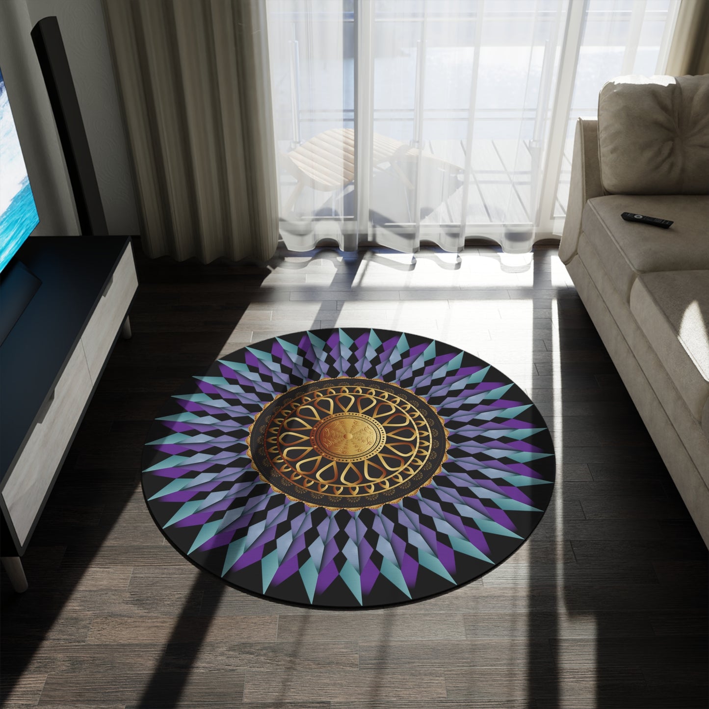 Round Rug Kukloso No 4365 Mandala Aqua, Purple & Gold on Black Free shipping