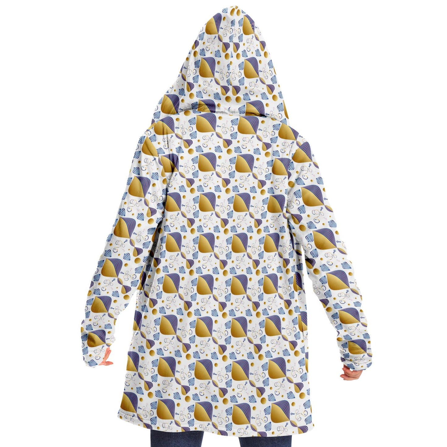 Microfleece Cloak - AOP Kukloso Whimsical No 21 Abstract Gold, Pink & Navy shapes on White - Free Shipping