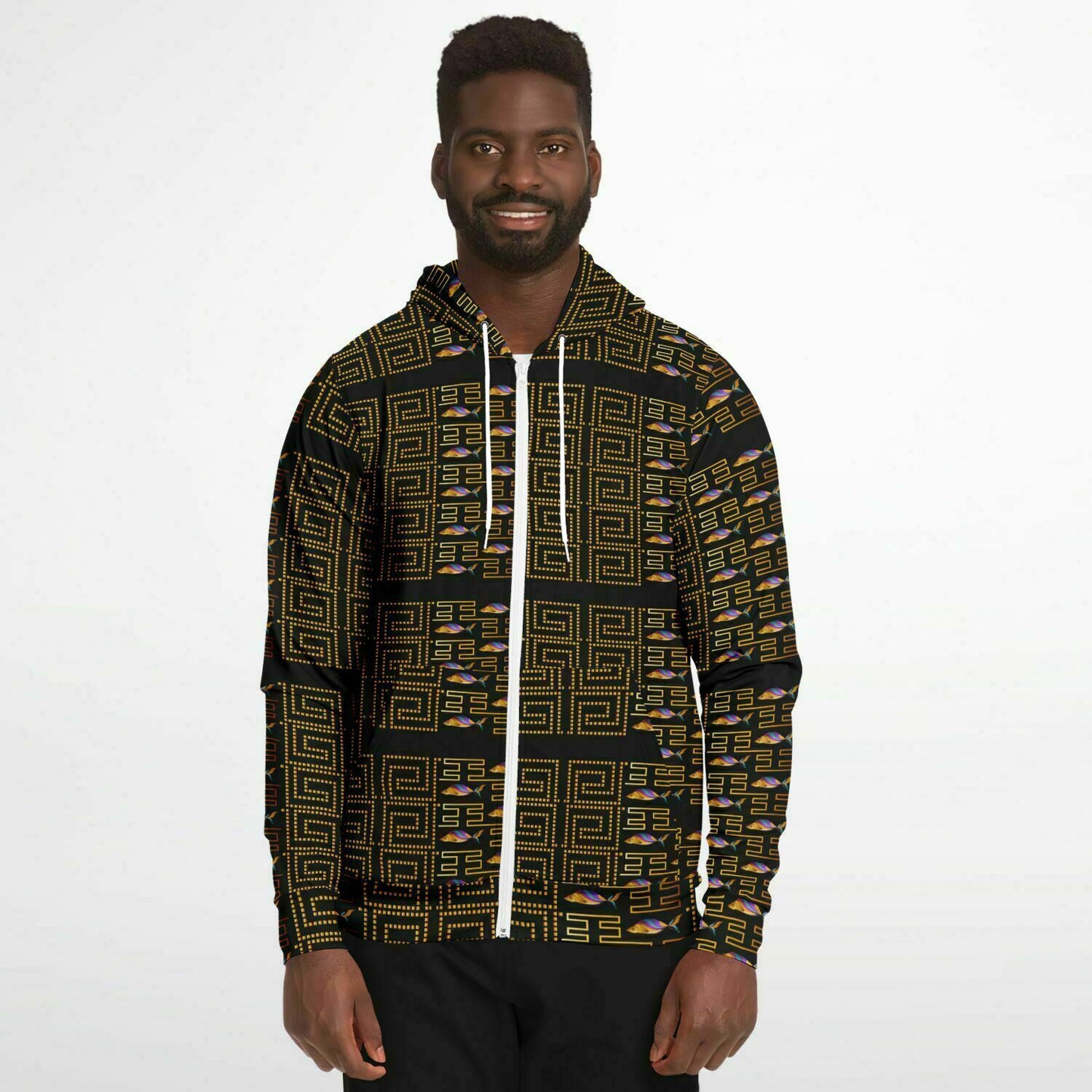 Fashion Zip-Up Hoodie - AOP Kukloso Greek Border No 3 Golden Fish - Free Shipping