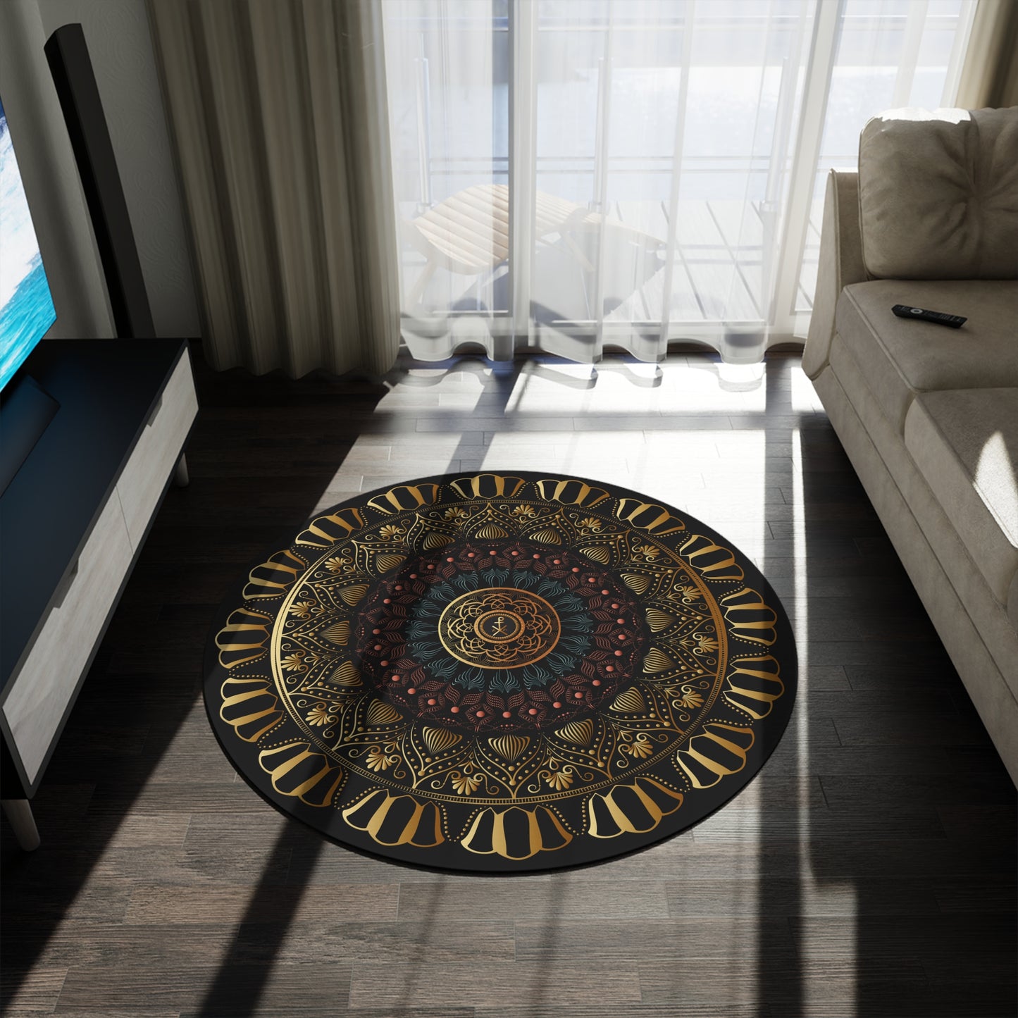 Round Rug Kukloso No 4438 Gold Mandala Medallion Free Shipping