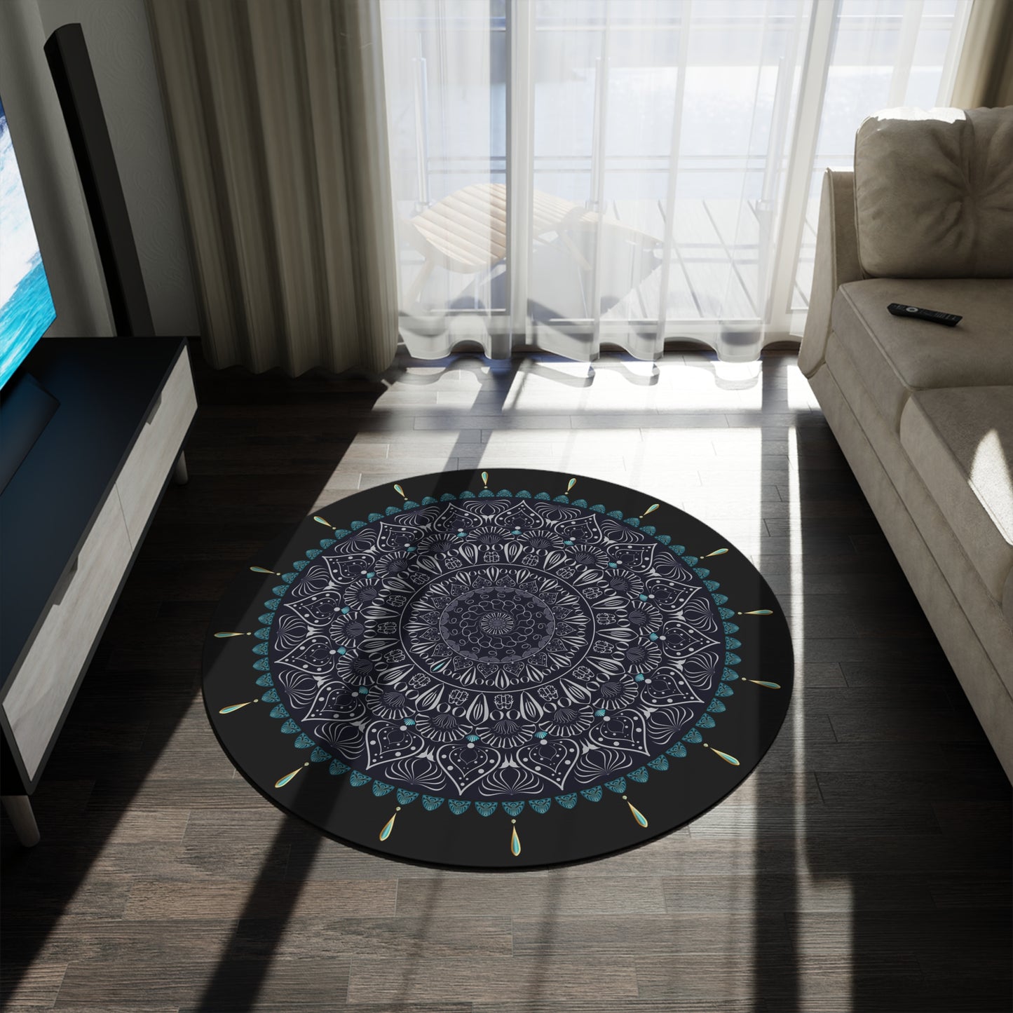 Round Rug Kukloso No 4334 Mandala Silver Aqua on Black Free Shipping