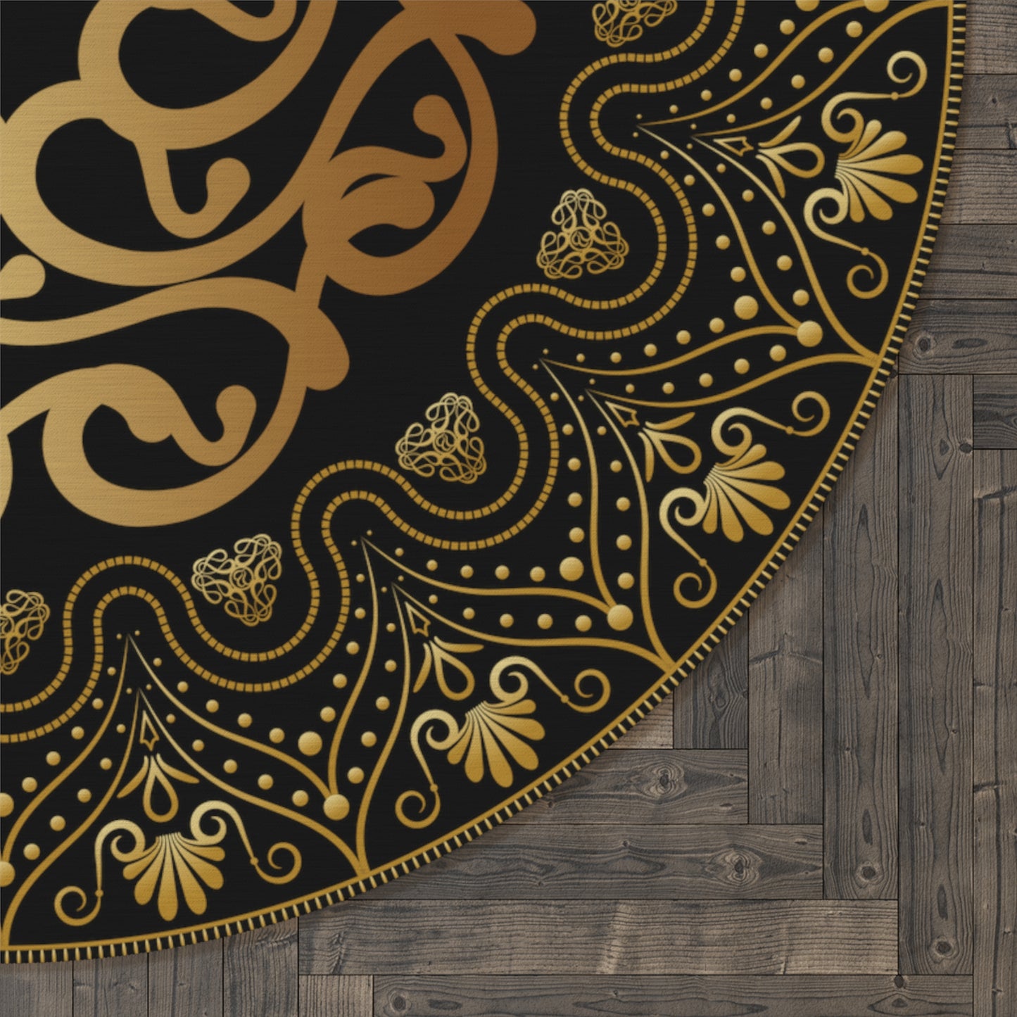 Round Rug Kukloso MD No 119 Gold Mandala on Black Free Shipping