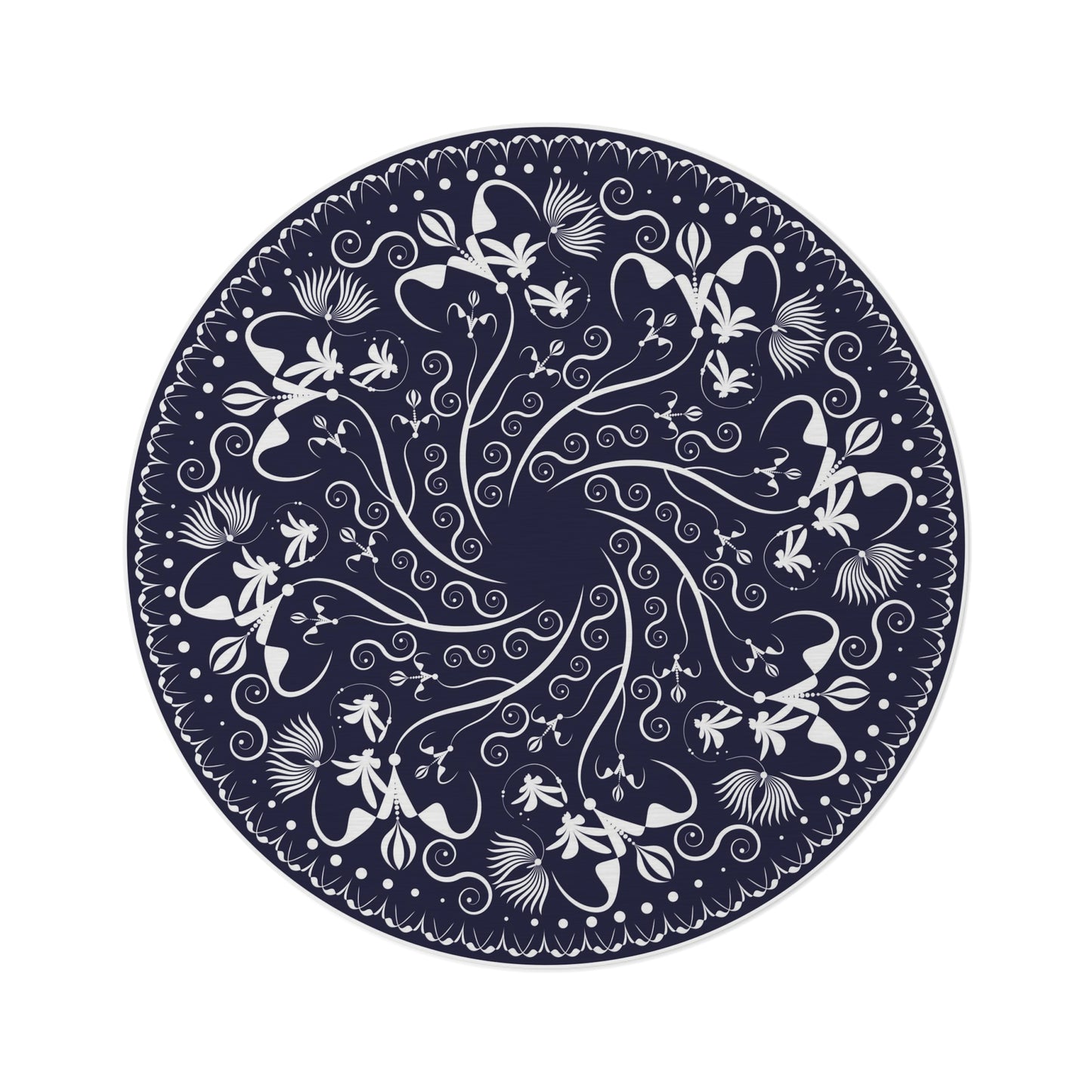 Round Rug Kukloso Mandala No 155 No 4 White Floral Pattern on Navy Free Shipping