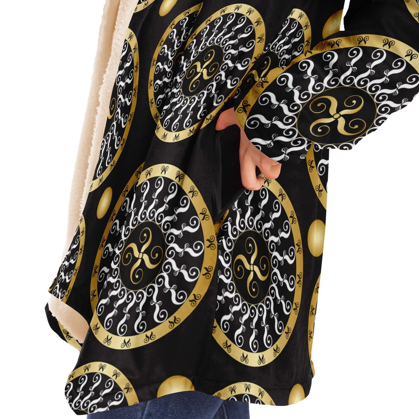 Microfleece Cloak - AOP Kukloso Abstractical No 173 Gold & White Mandala on Black - Free Shipping