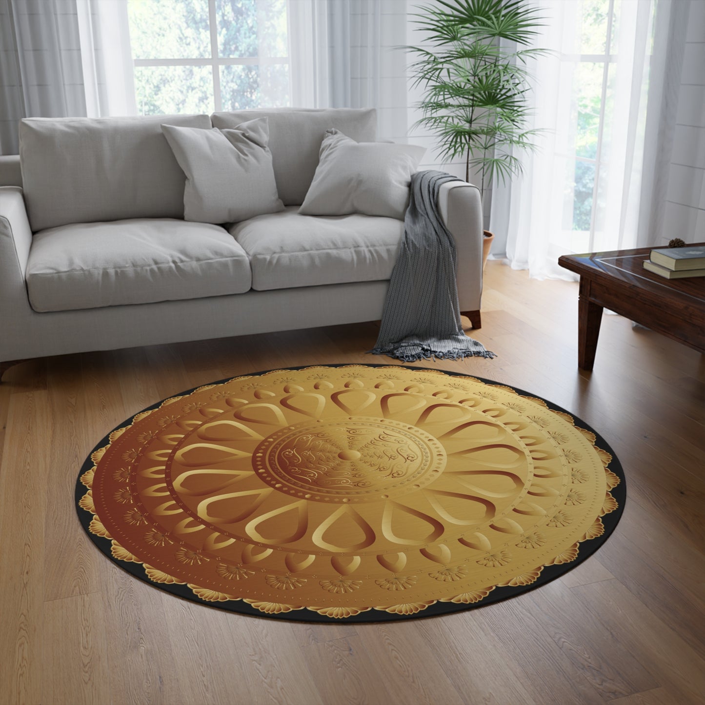 Round Rug Kukloso No 4345 Gold Mandala Design Free Shipping