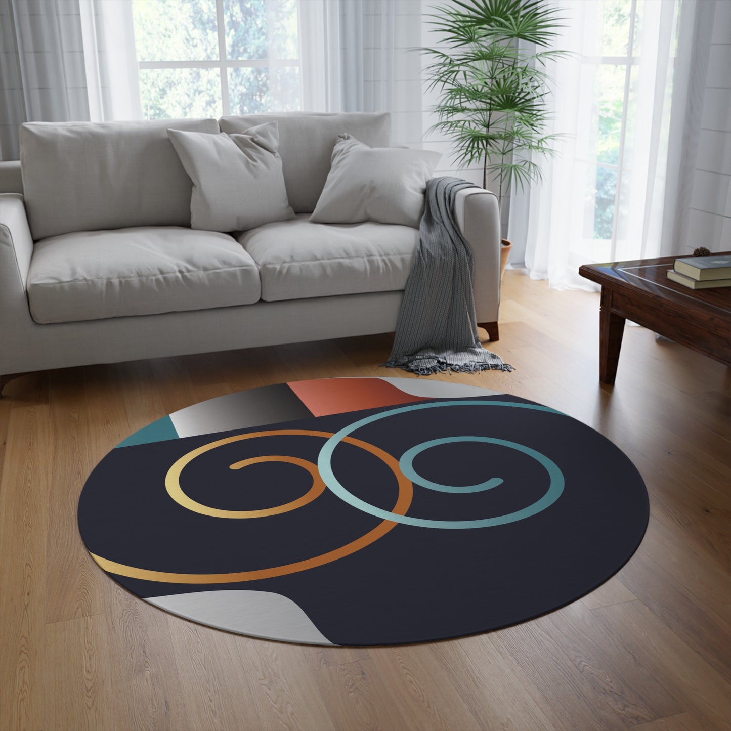 Round Rug Kukloso MD 70 Abstract shapes - Silver, Aqua, Copper, Gold Free shipping