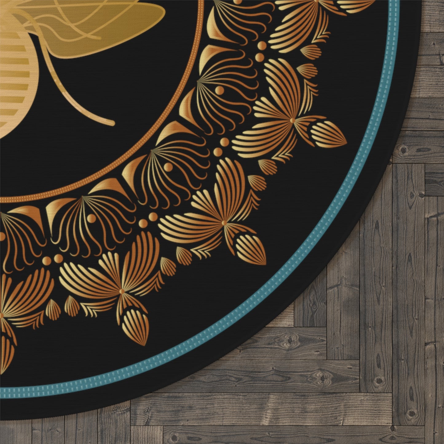 Round Rug Kukloso 4391-A Mandala Queen Bee Gold on Black Free Shipping