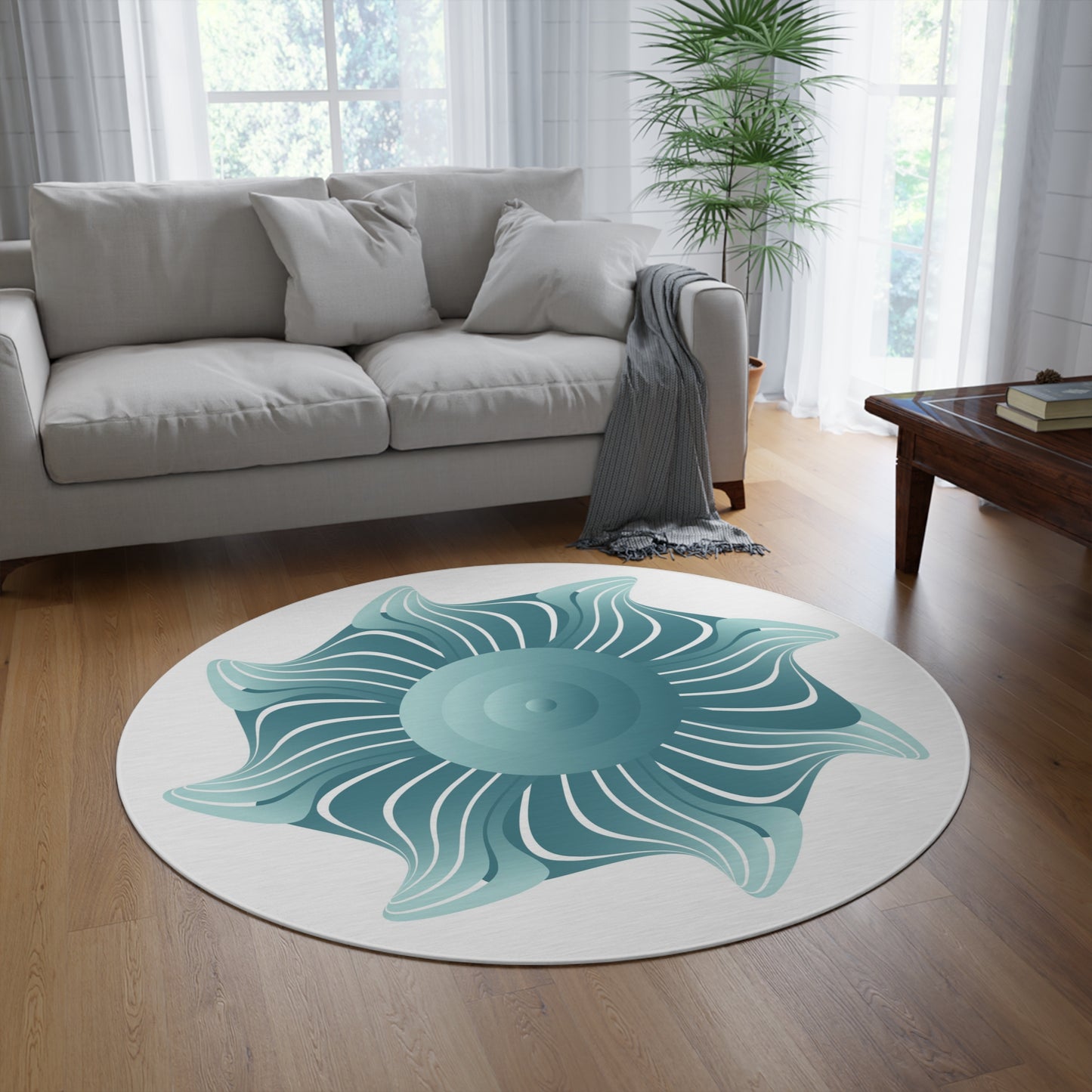 Round Rug Kukloso Mandala No 133 No 10 Aqua on Pale Gray Free Shipping