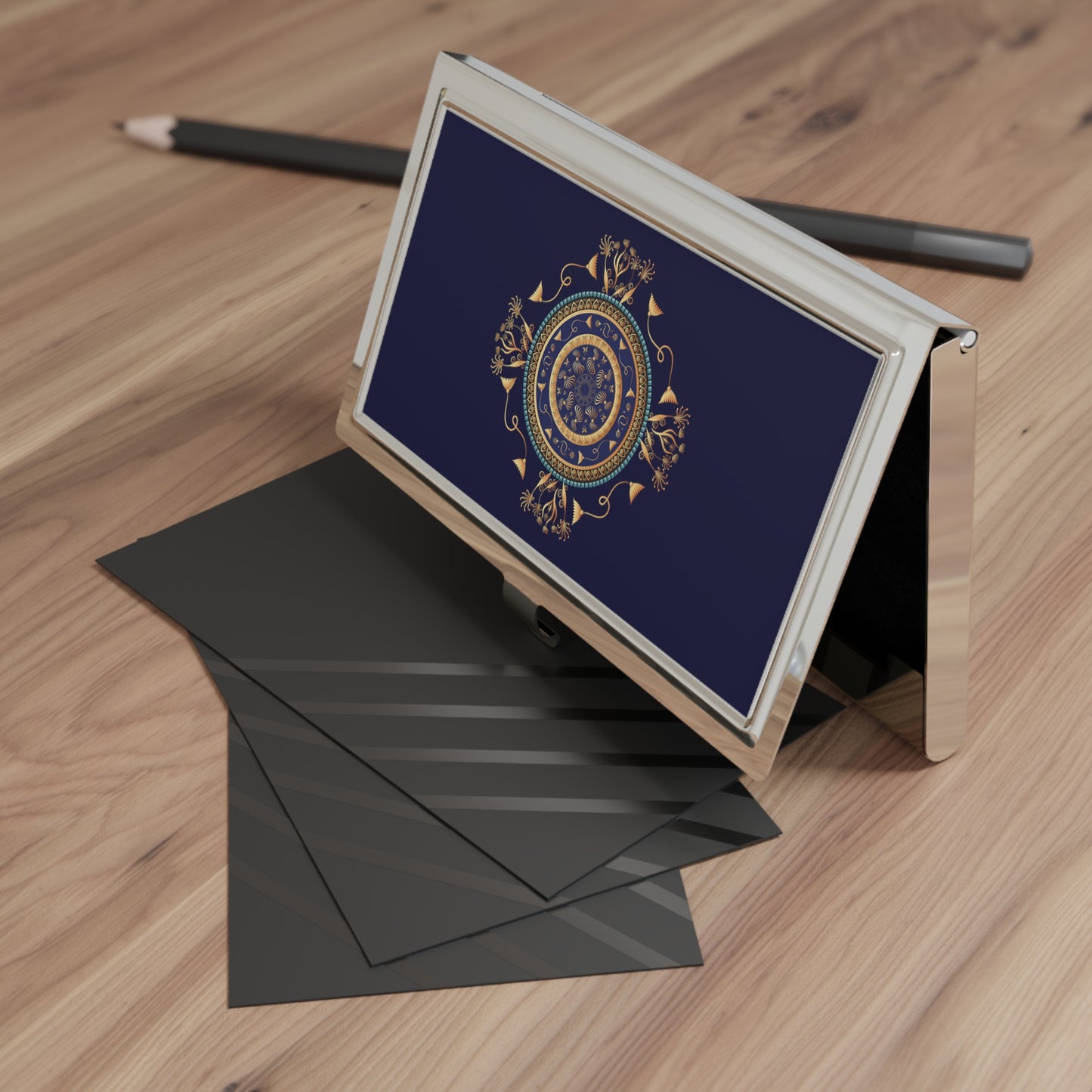 Business Card Holder Kukloso No 151 A Intricate Mandala - Navy, Gold - Free Shipping