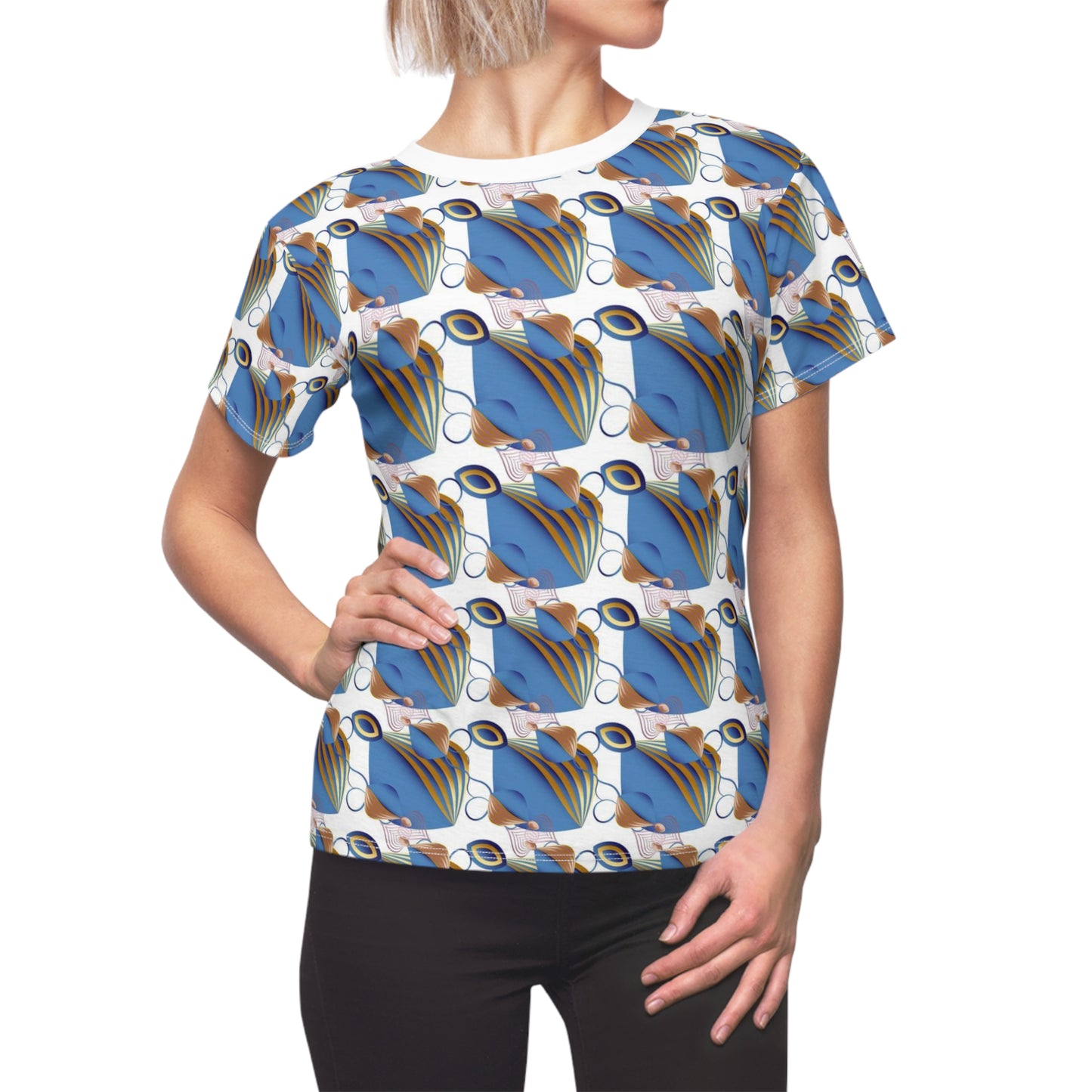 Women's Cut & Sew Tee (AOP) Kukloso Fleurons No 48 No 9 Pink, Blue, Gold on White - Free Shipping