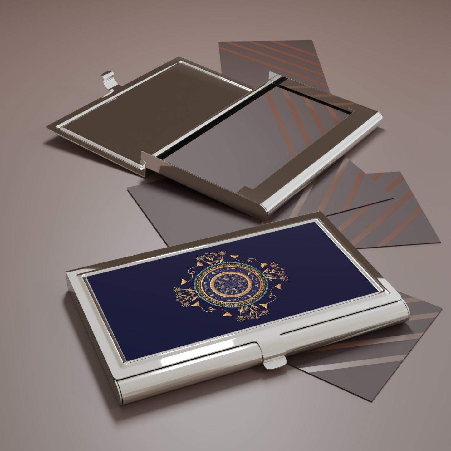 Business Card Holder Kukloso No 151 A Intricate Mandala - Navy, Gold - Free Shipping