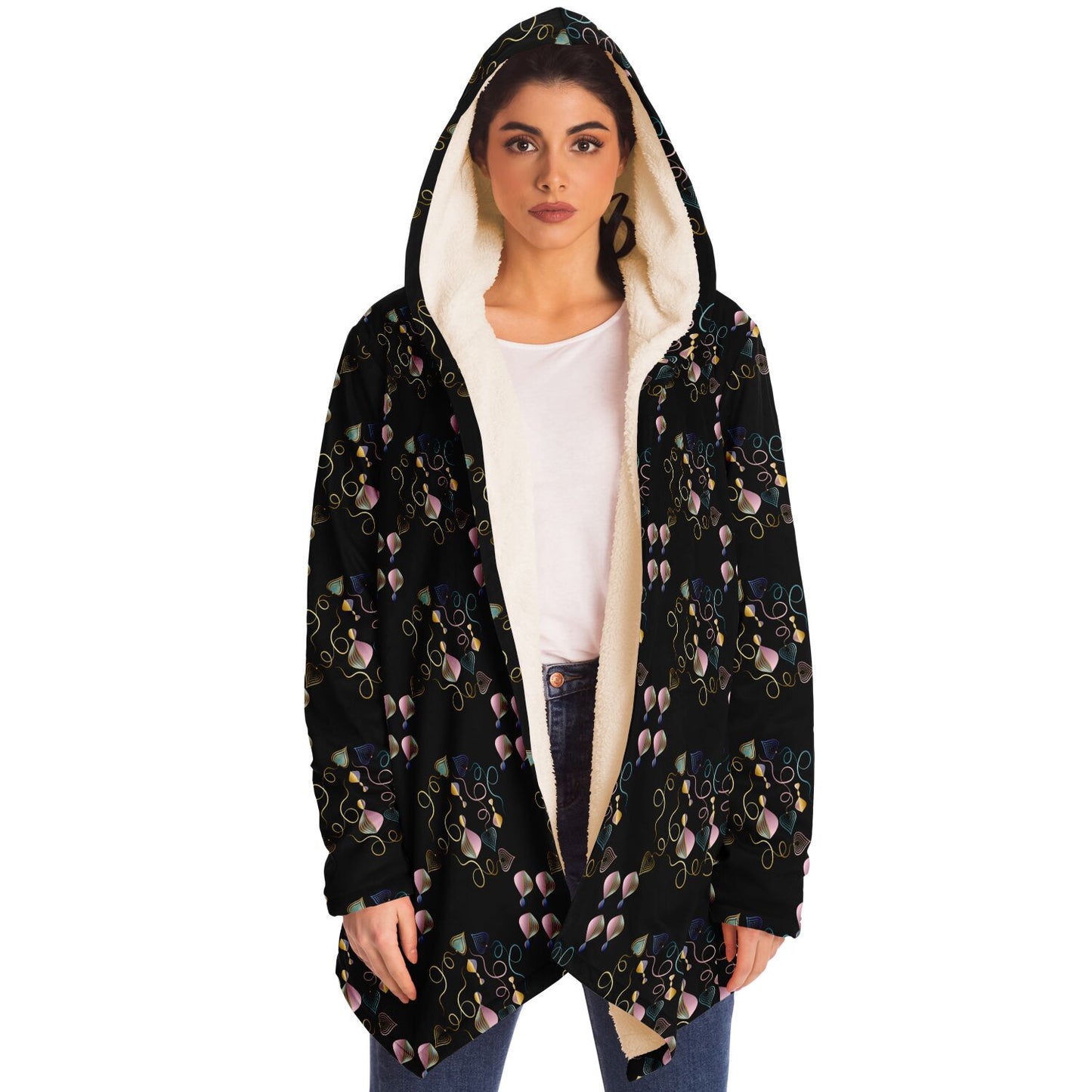 Microfleece Cloak - AOP Kukloso Whimsical No 47 Pink, Aqua, Navy abstract shapes on Black - Free Shipping